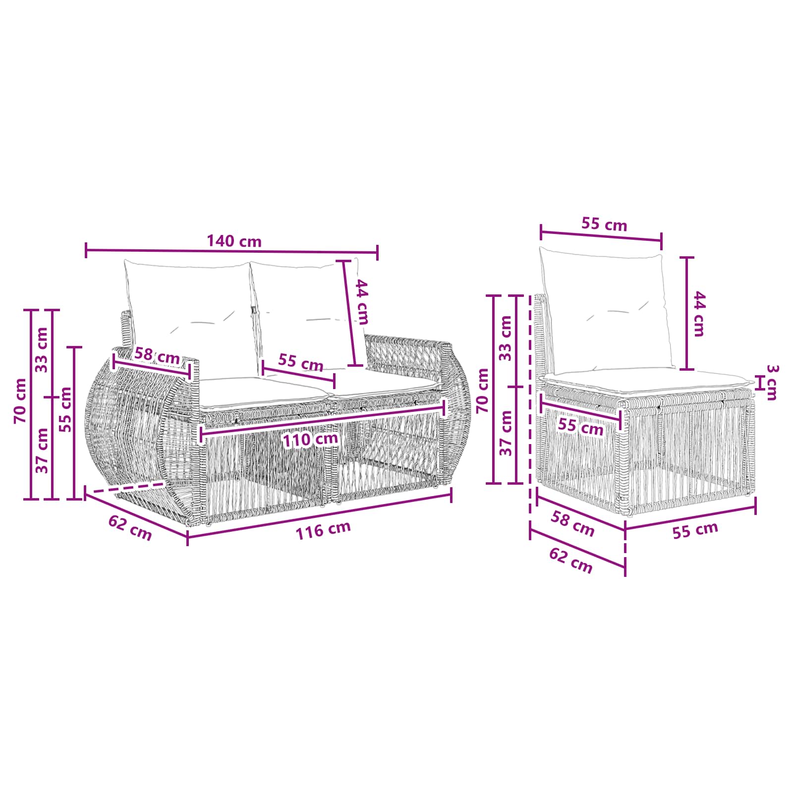 vidaXL Tuinbankenset 6 st 6-Aantal zitplaatsen Zwart en Cream Wit