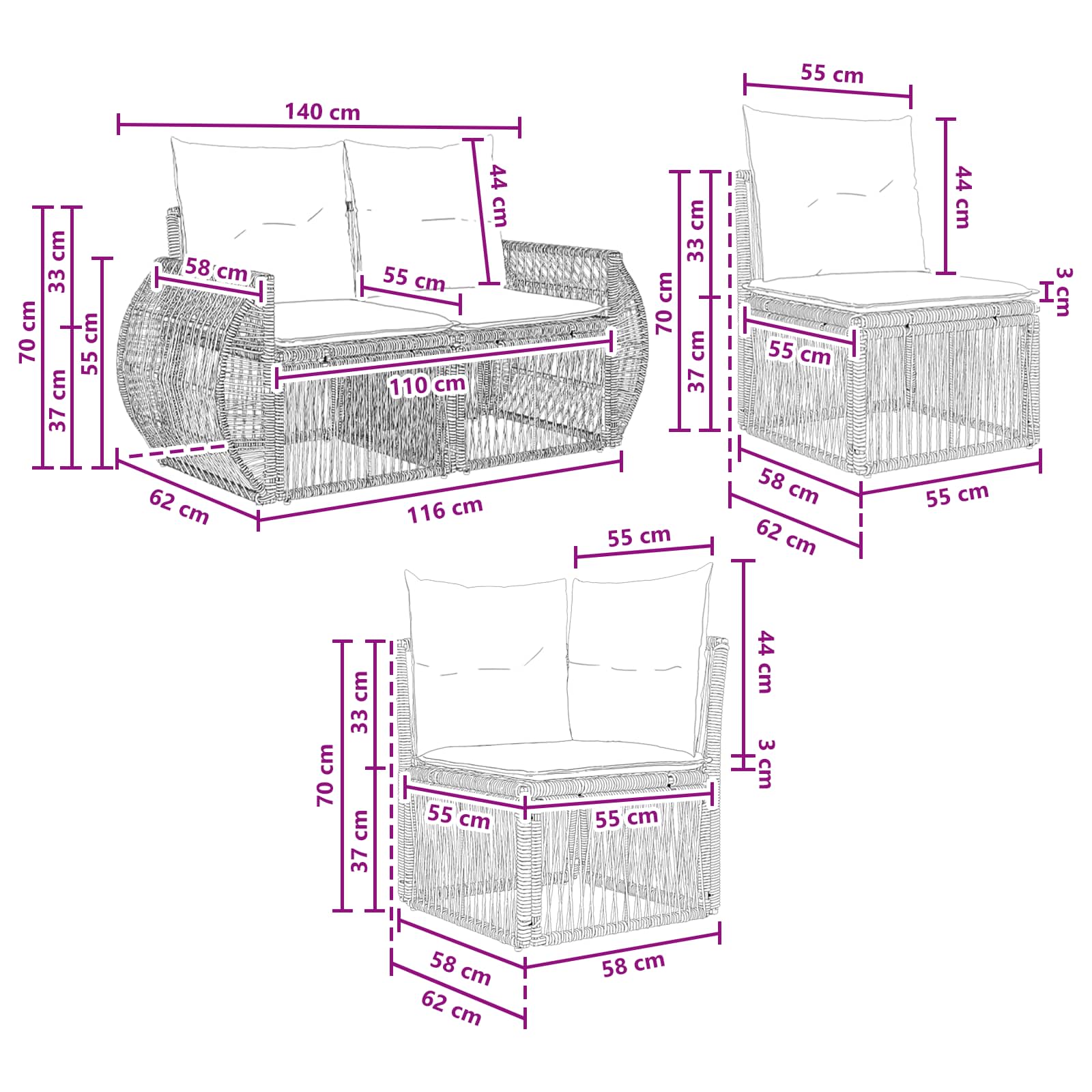 vidaXL Tuinbankenset 13 pcs Zwart en Cream Wit poly rattan