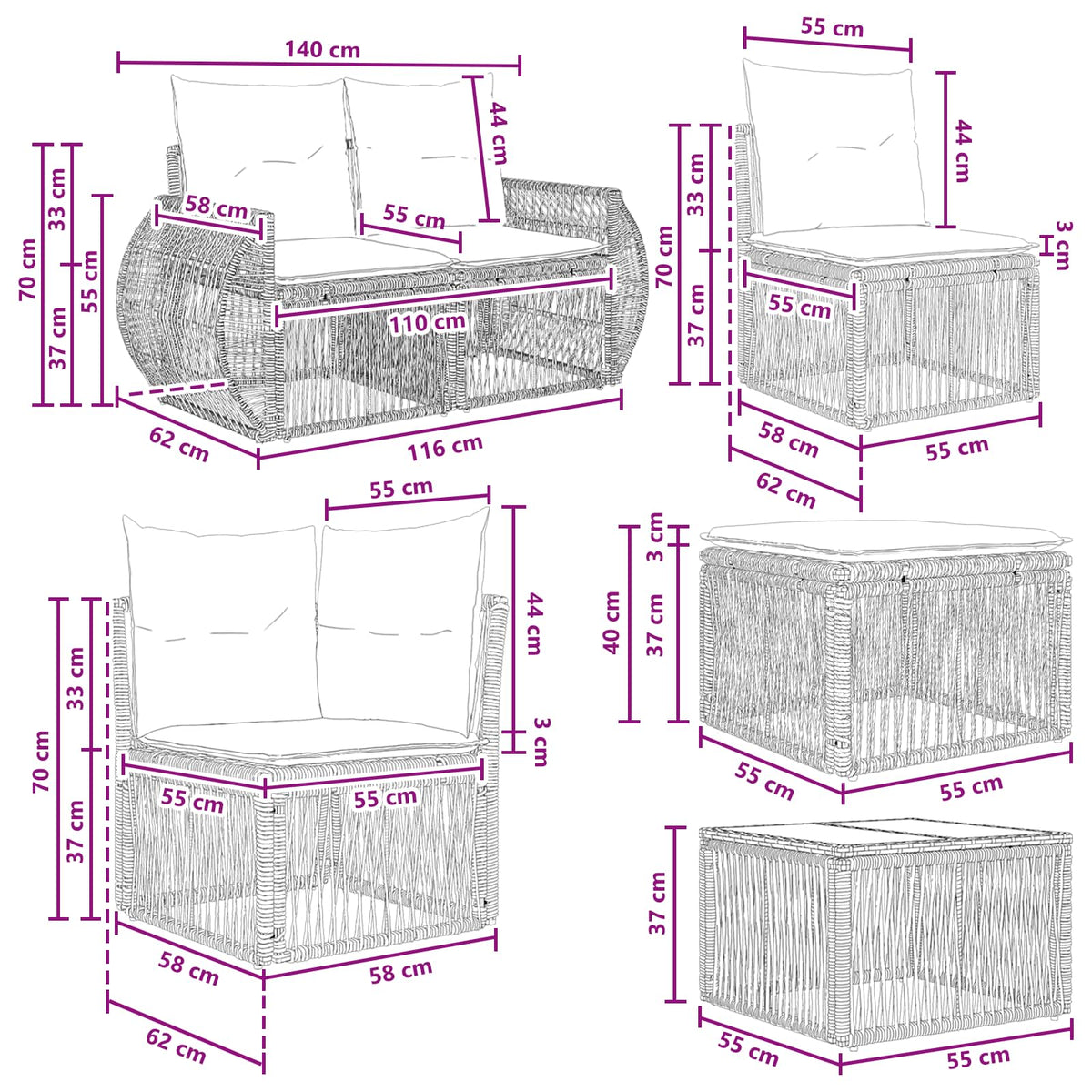 vidaXL Tuinbankenset 11 st Zwart poly rattan