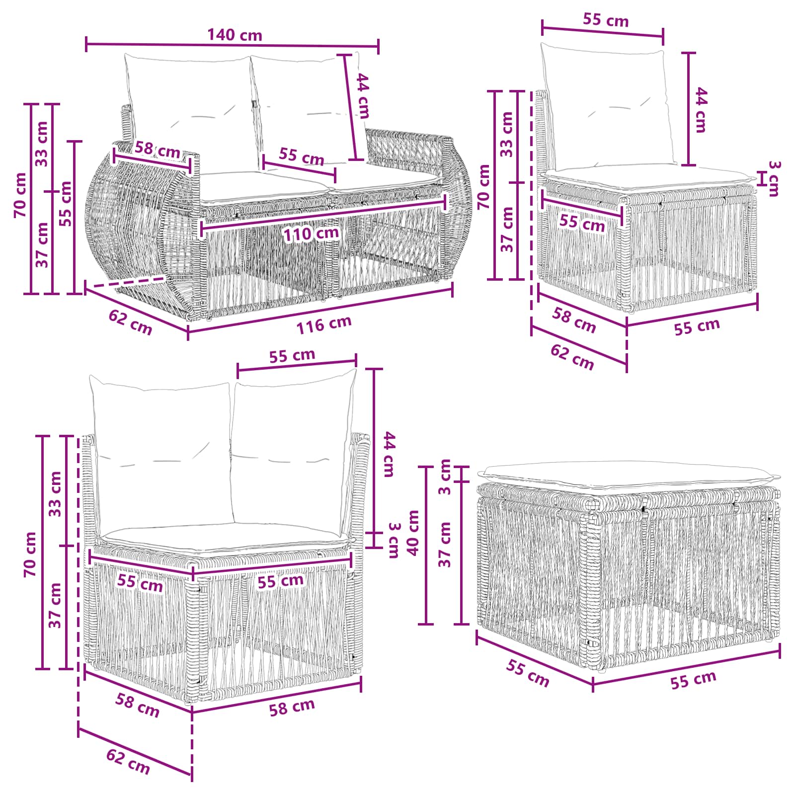 vidaXL Tuinbankenset 12 pcs Zwart poly rattan