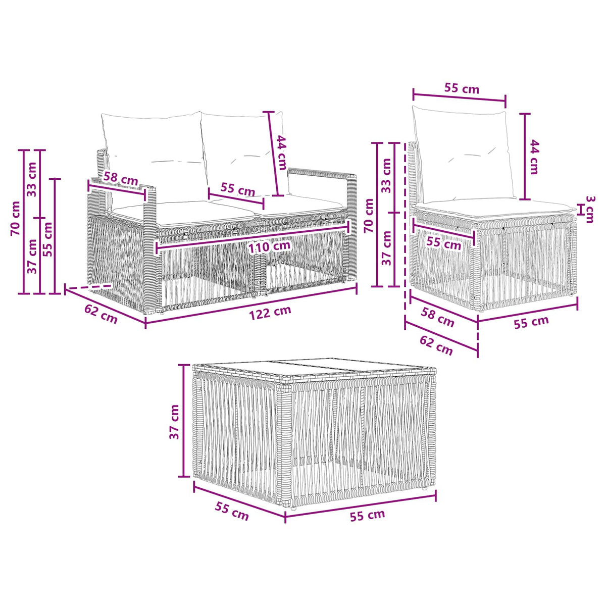 vidaXL Tuinbankenset 8 st Zwart poly rattan