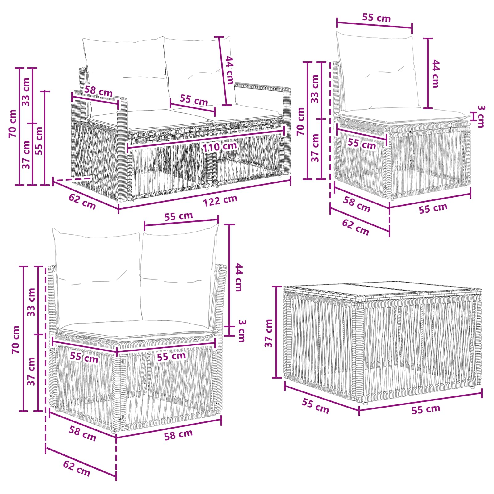 vidaXL Tuinbankenset 8 st Zwart poly rattan