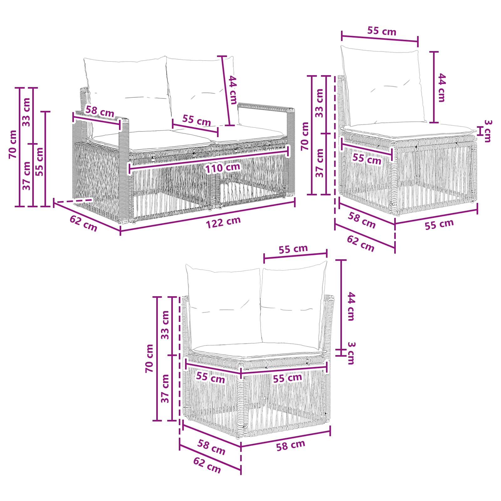 vidaXL Tuinbankenset 9 pcs Zwart poly rattan