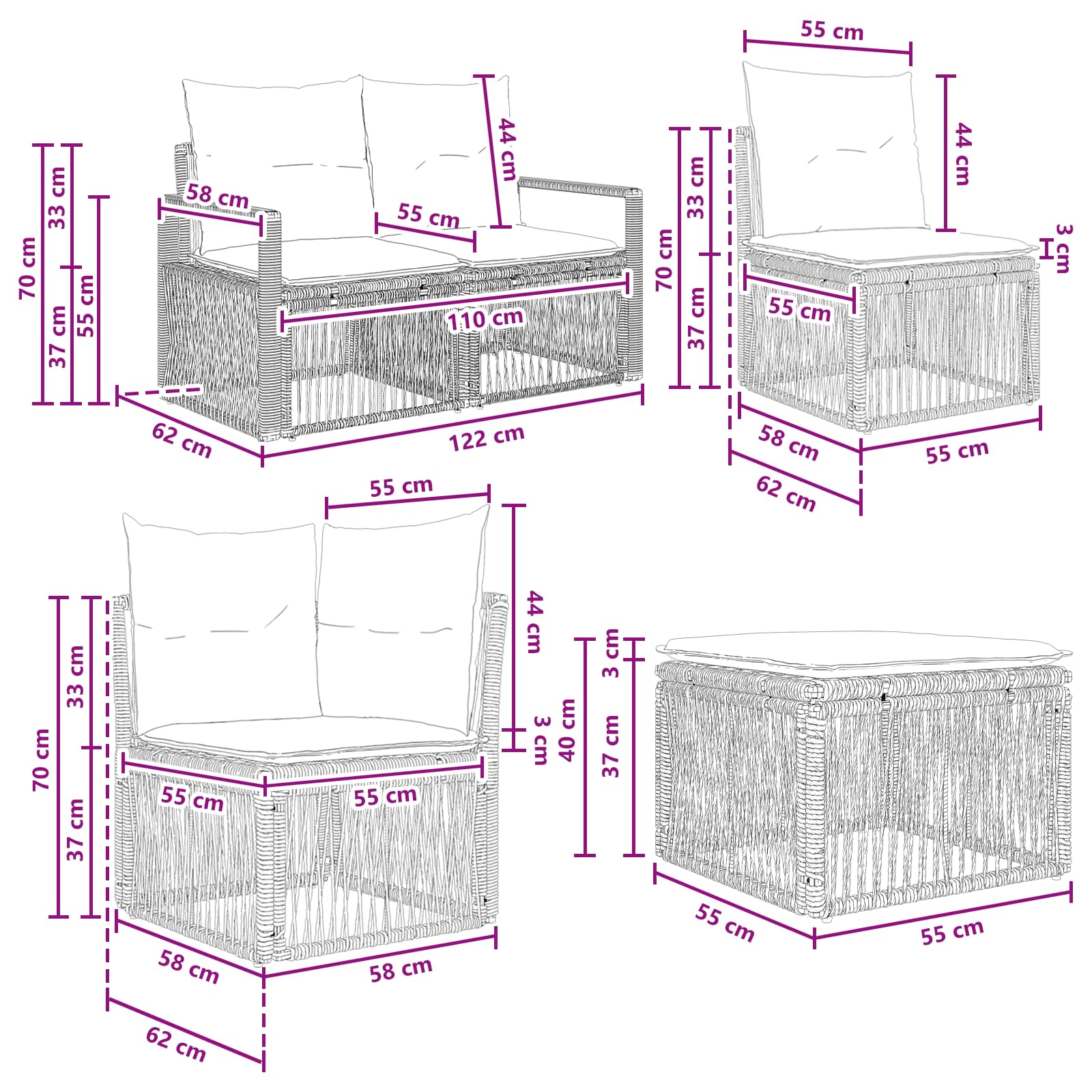 vidaXL Tuinbankenset 10 pcs Zwart poly rattan