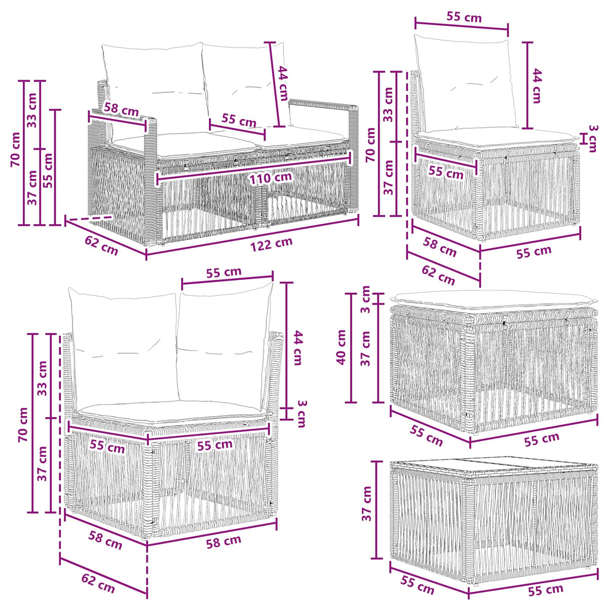 vidaXL Tuinbankenset 11 st Zwart poly rattan