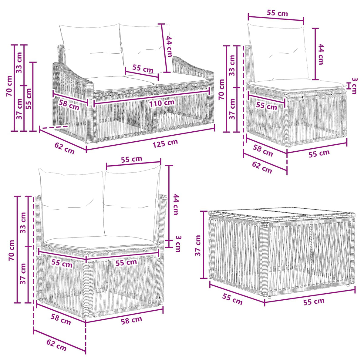 vidaXL Tuinbankenset 7 st Zwart poly rattan