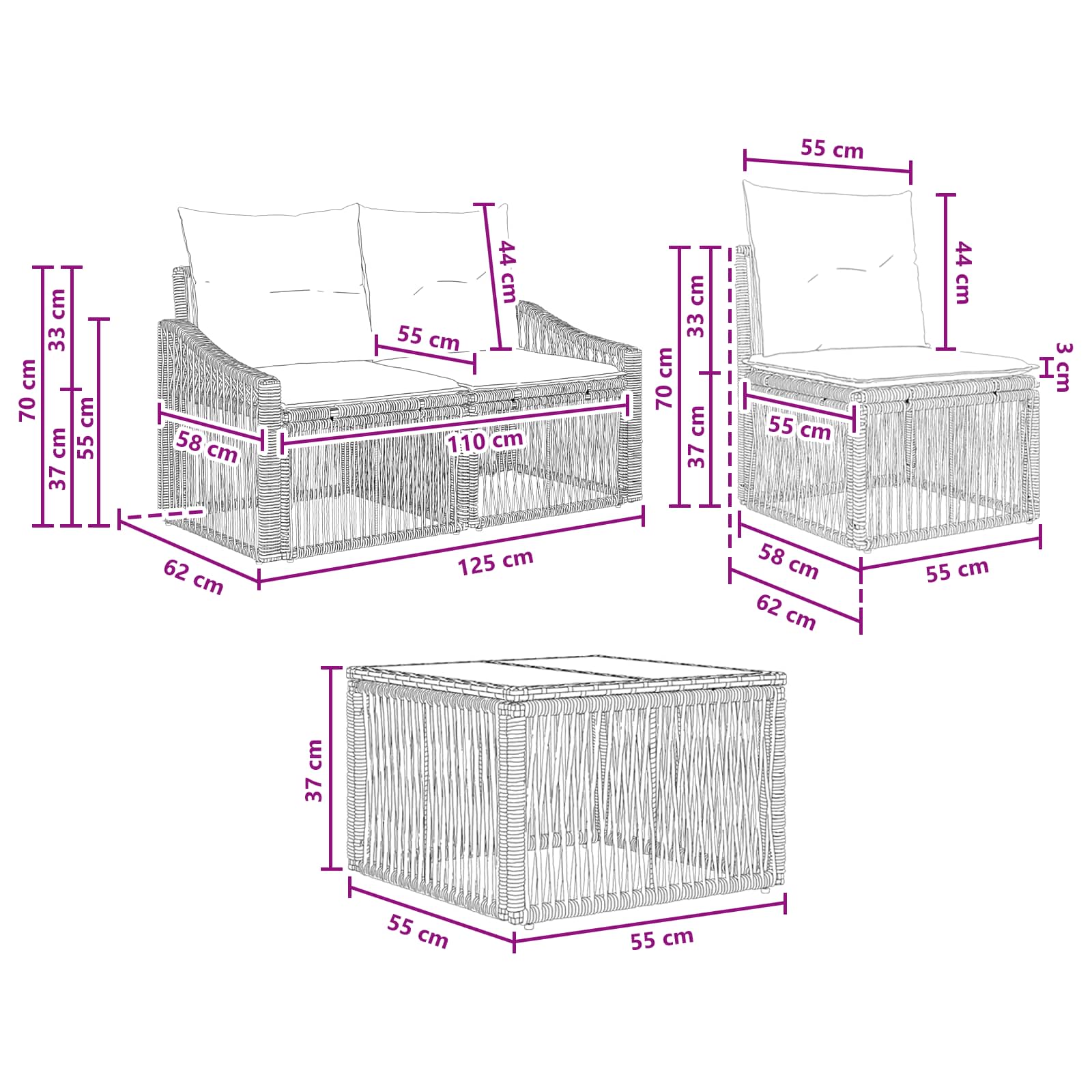 vidaXL Tuinbankenset 7 pcs Zwart poly rattan