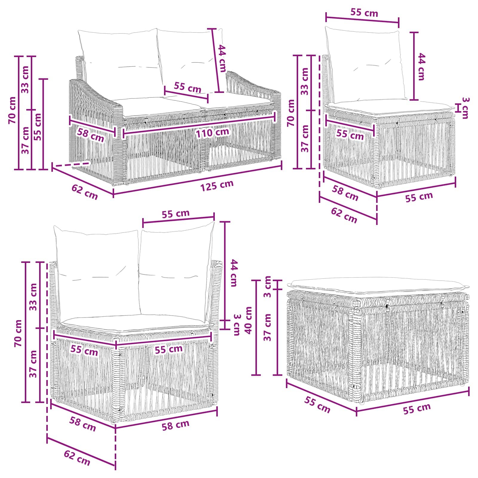 vidaXL Tuinbankenset 10 pcs Zwart poly rattan