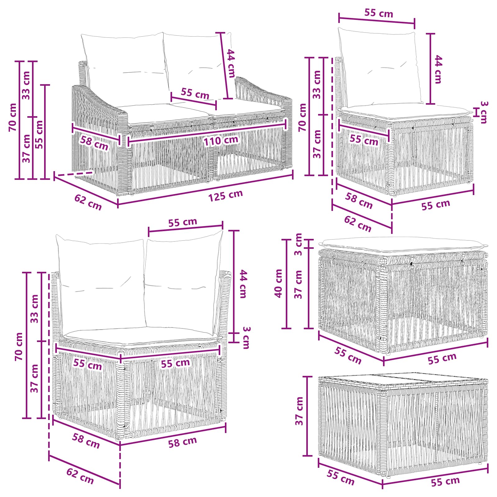 vidaXL Tuinbankenset 11 st Zwart poly rattan