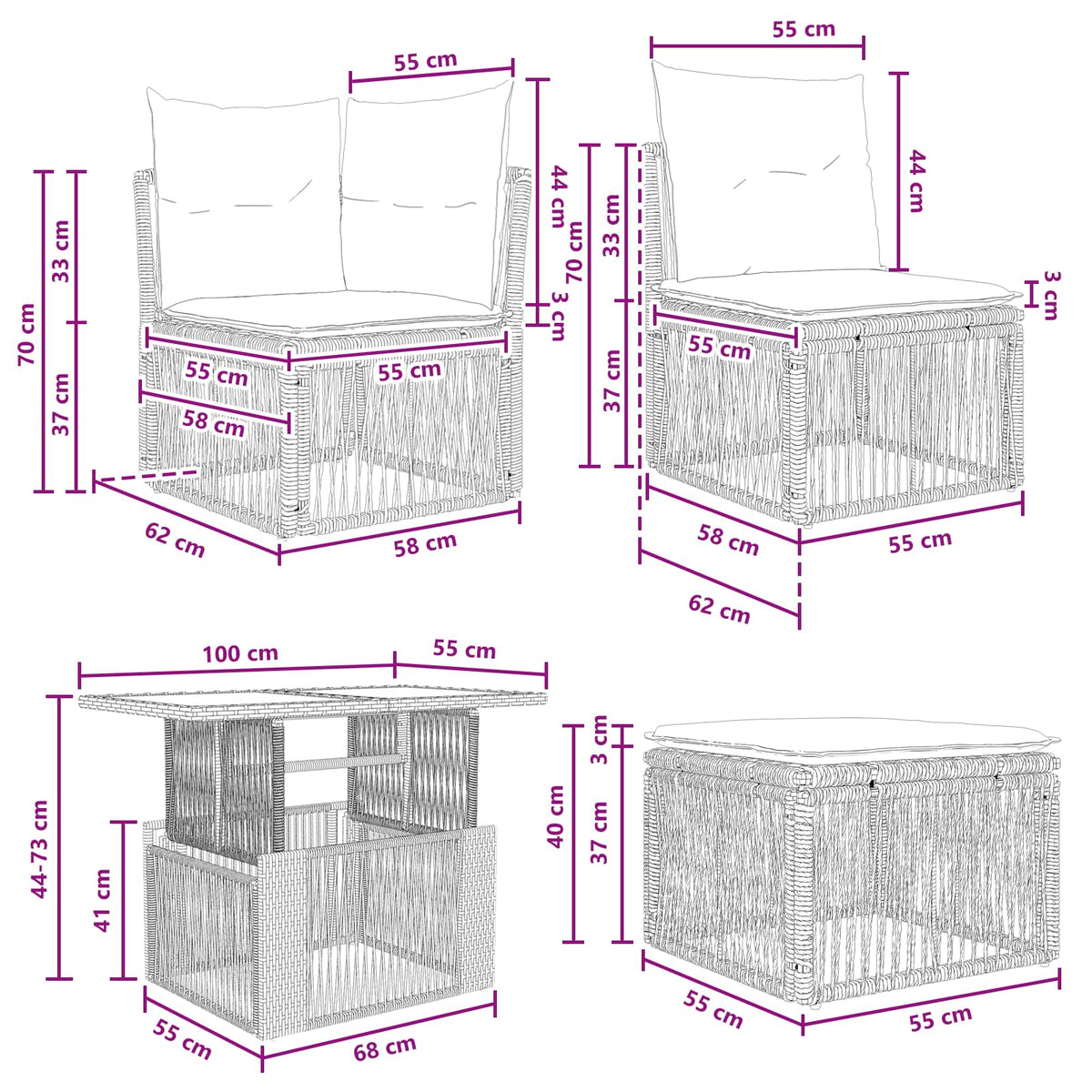 vidaXL Tuinbankenset 6 st Zwart poly rattan