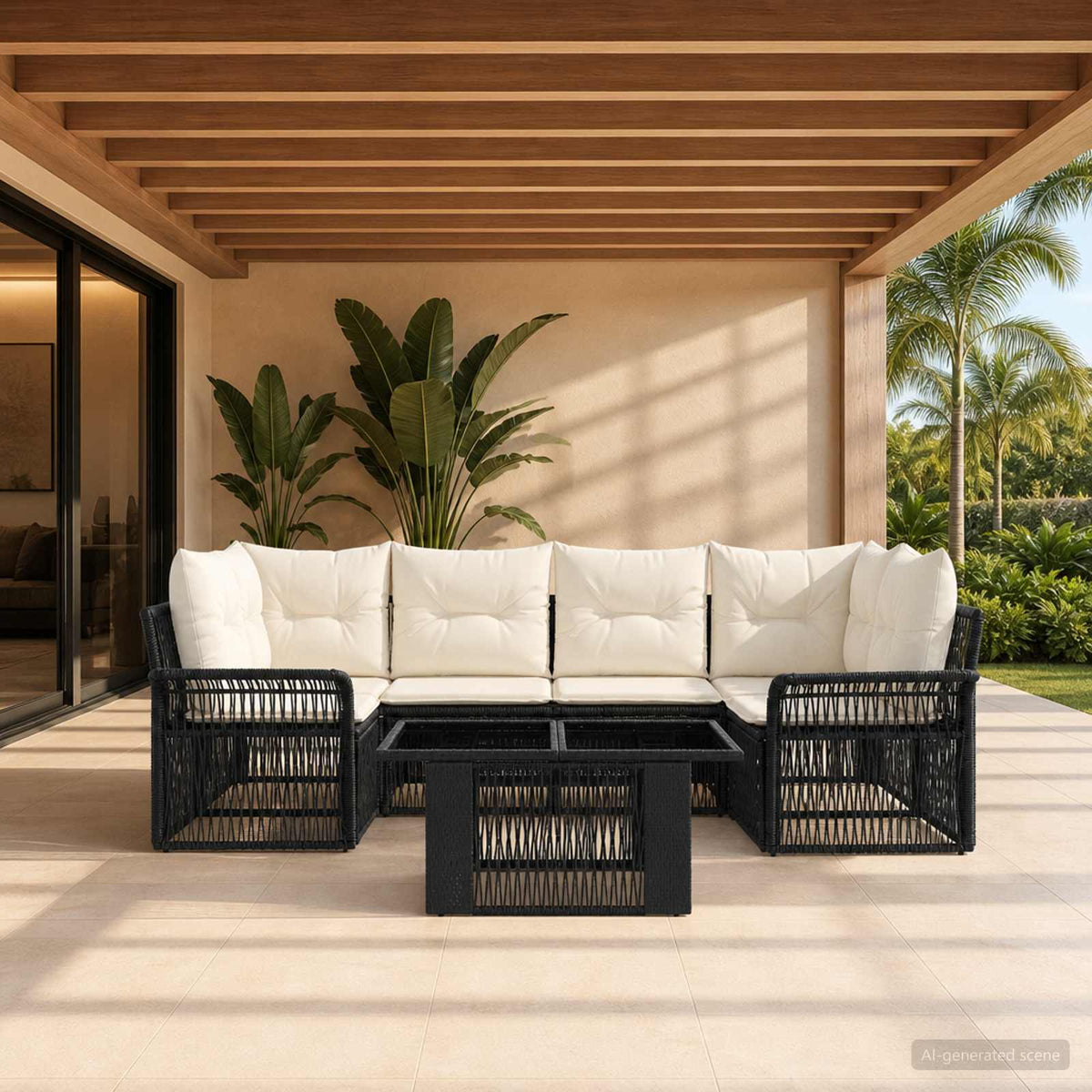 vidaXL Tuinbankenset 7 st Zwart en Cream Wit poly rattan