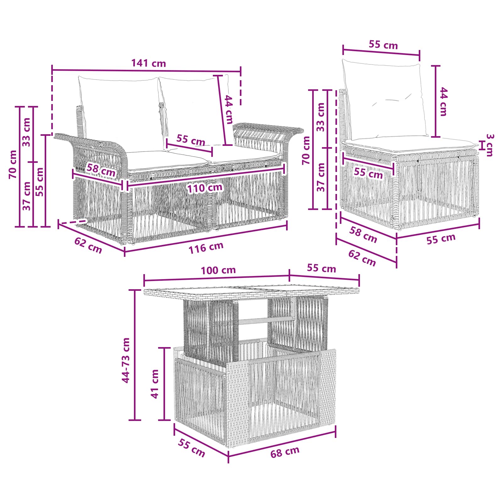 vidaXL Tuinbankenset 9 st Zwart en Cream Wit poly rattan
