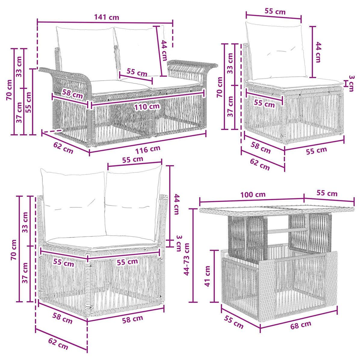 vidaXL Tuinbankenset 9 st Zwart en Cream Wit poly rattan