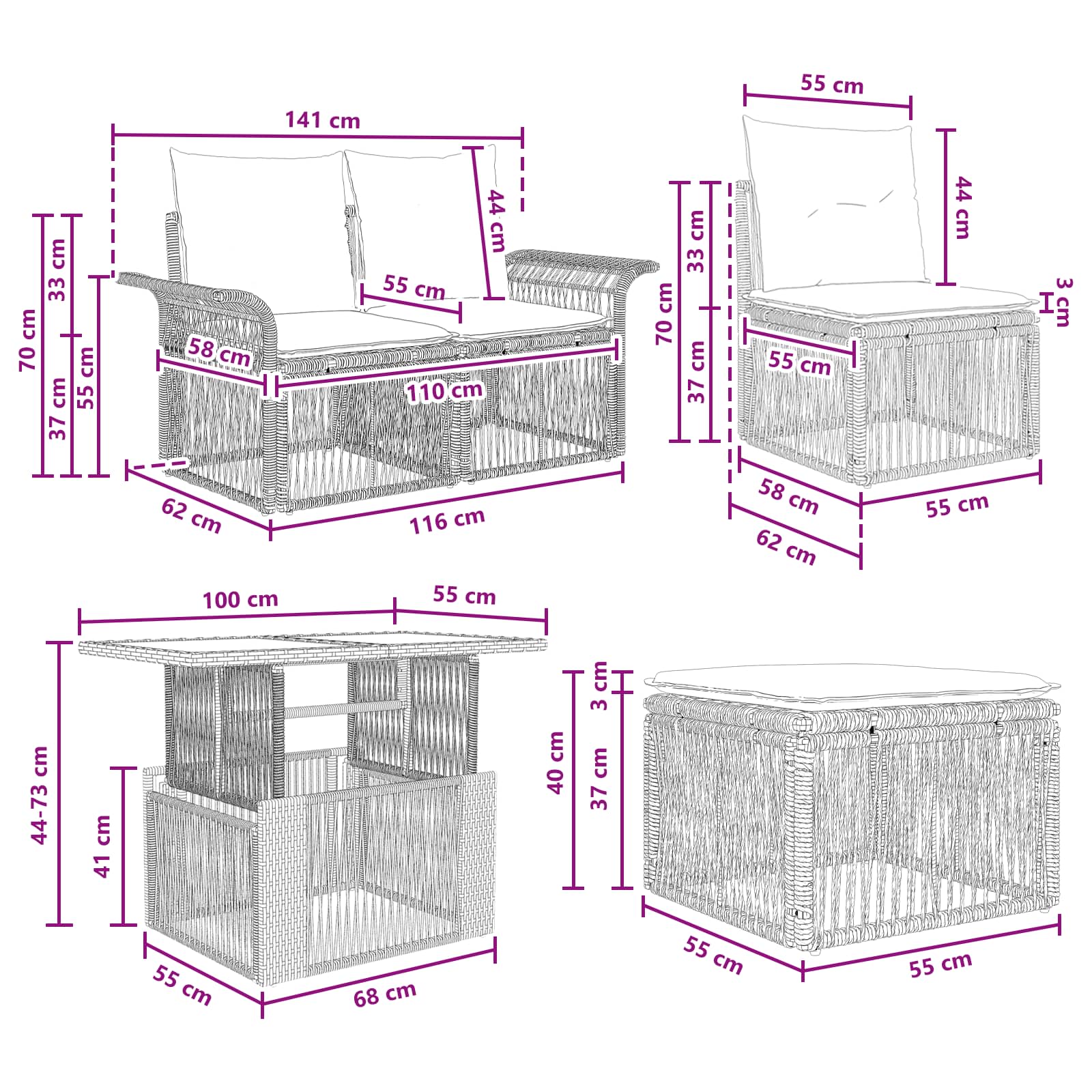 vidaXL Tuinbankenset 6 st Zwart en Cream Wit poly rattan