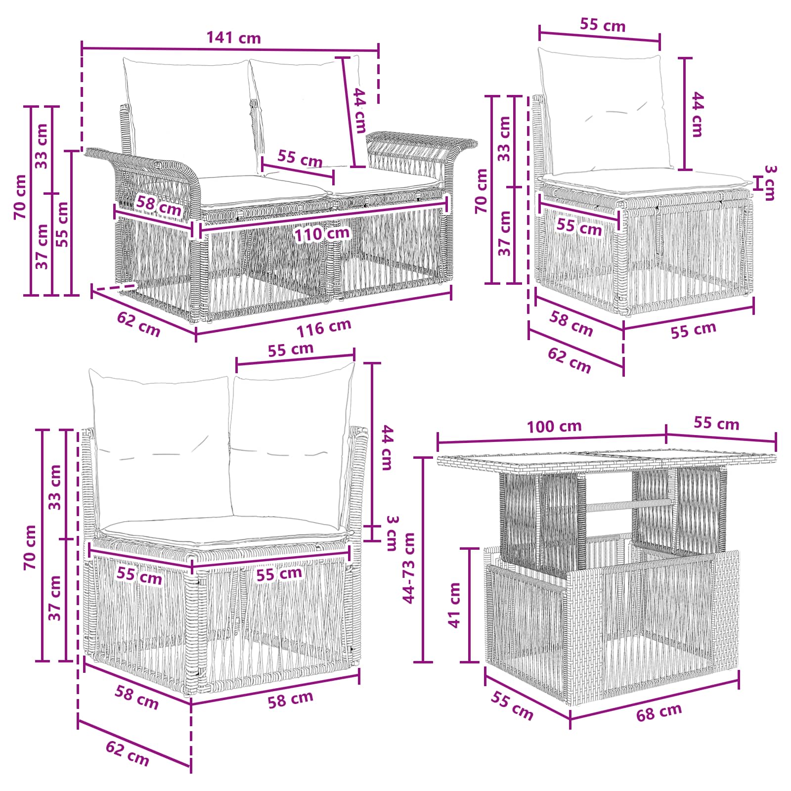 vidaXL Tuinbankenset 5 st Zwart en Cream Wit poly rattan