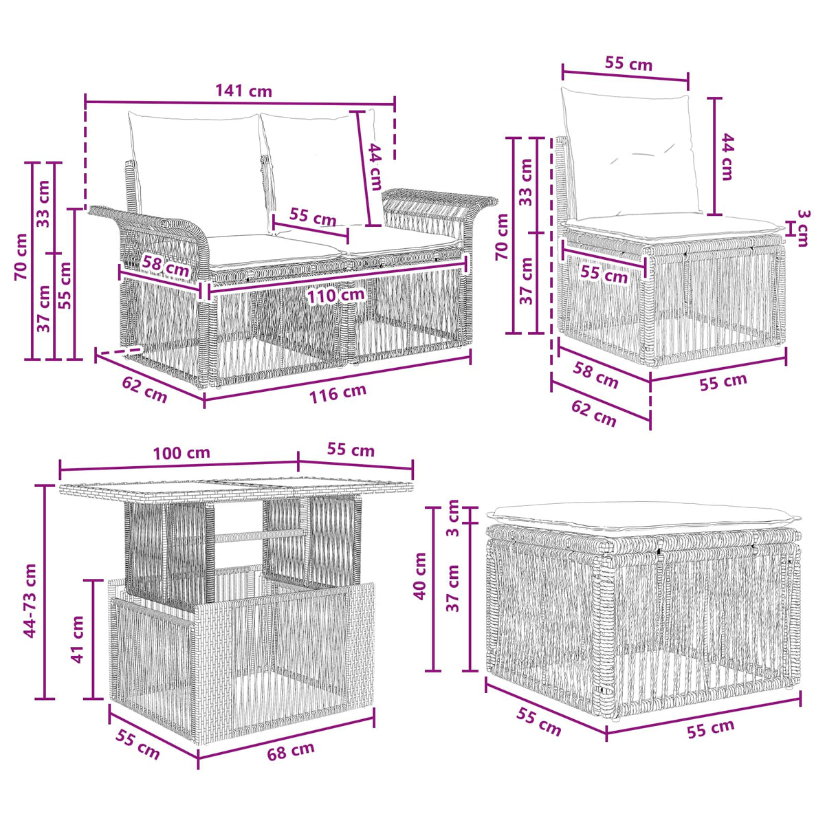 vidaXL Tuinbankenset 8 st Zwart en Cream Wit poly rattan