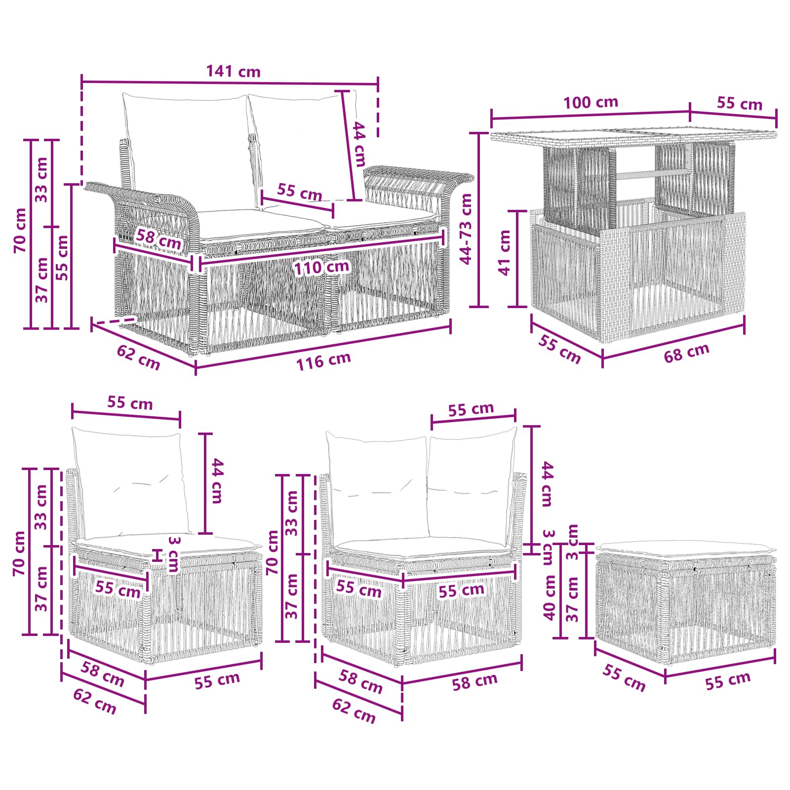 vidaXL Tuinbankenset 9 st Zwart en Cream Wit poly rattan