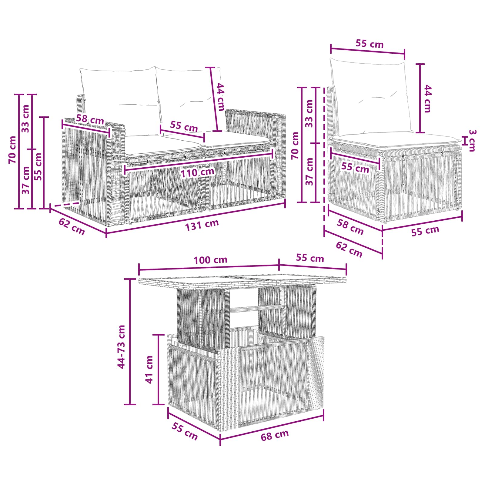 vidaXL Tuinbankenset 7 st Zwart en Cream Wit poly rattan