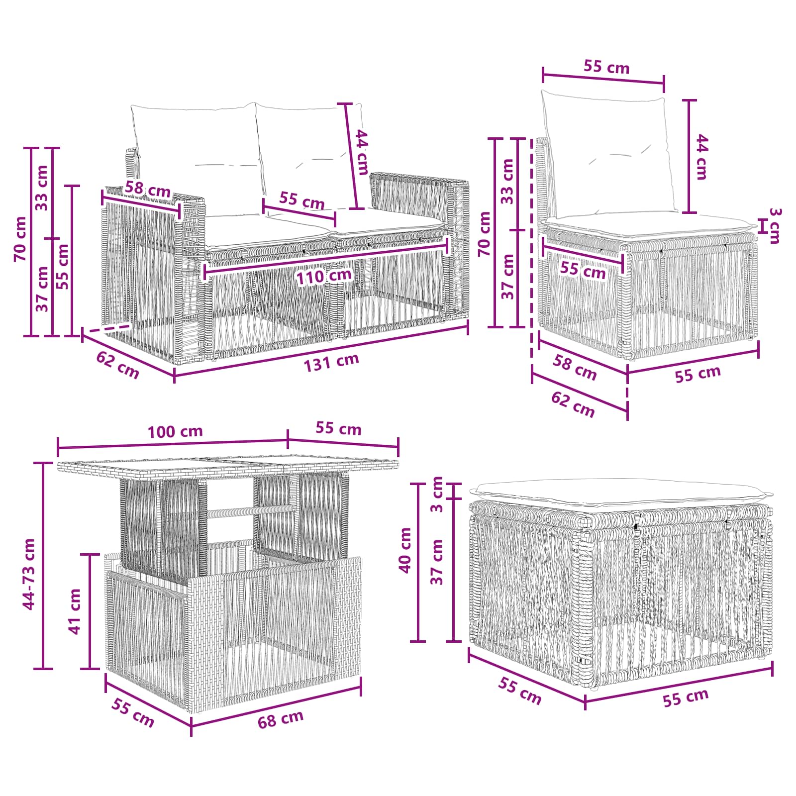 vidaXL Tuinbankenset 5 st Zwart en Cream Wit poly rattan