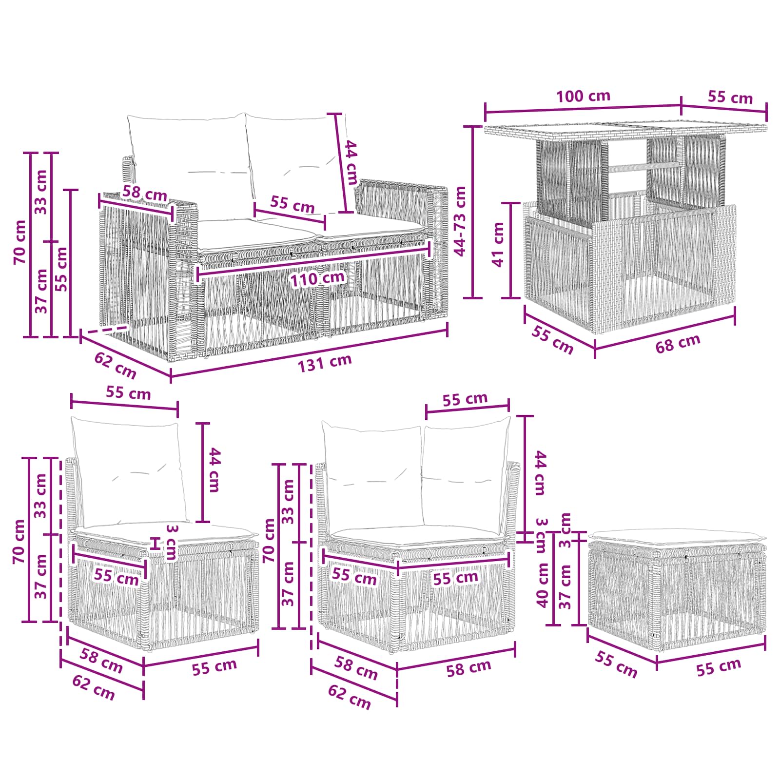 vidaXL Tuinbankenset 9 st Zwart en Cream Wit poly rattan