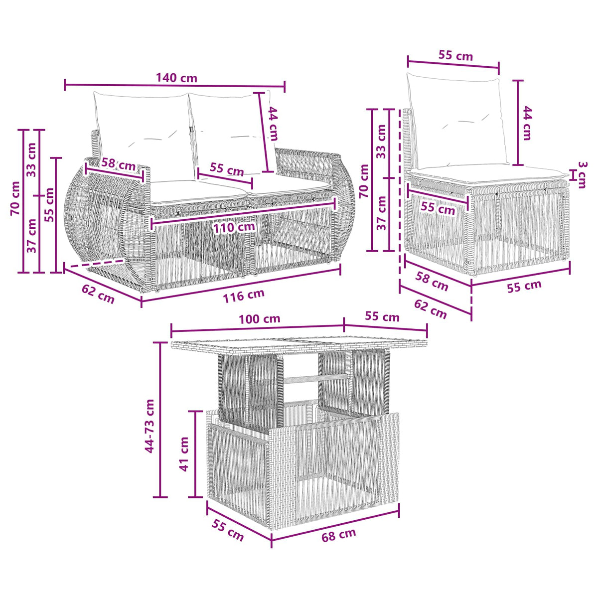 vidaXL Tuinbankenset 9 st Zwart en Cream Wit poly rattan
