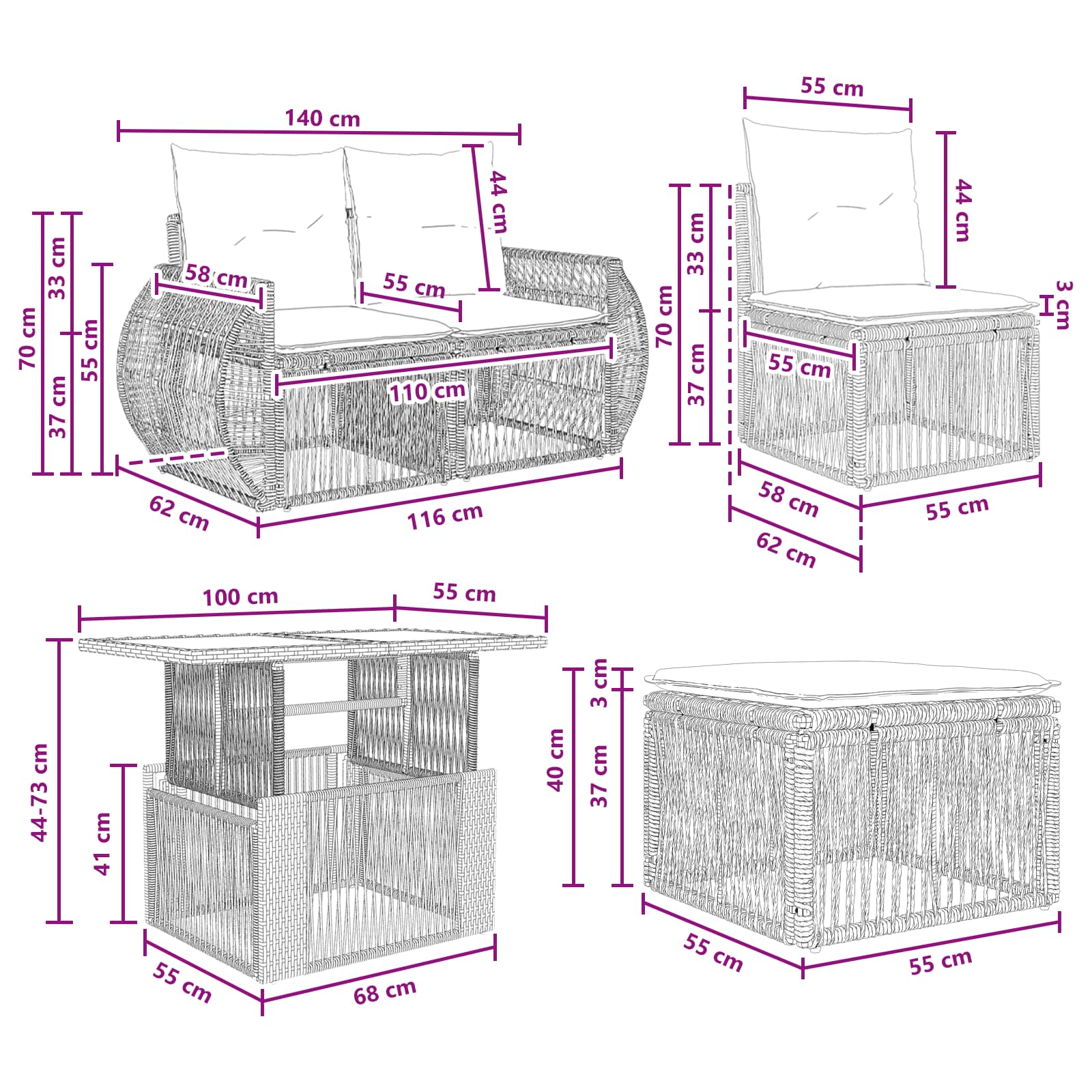 vidaXL Tuinbankenset 5 st Zwart en Cream Wit poly rattan