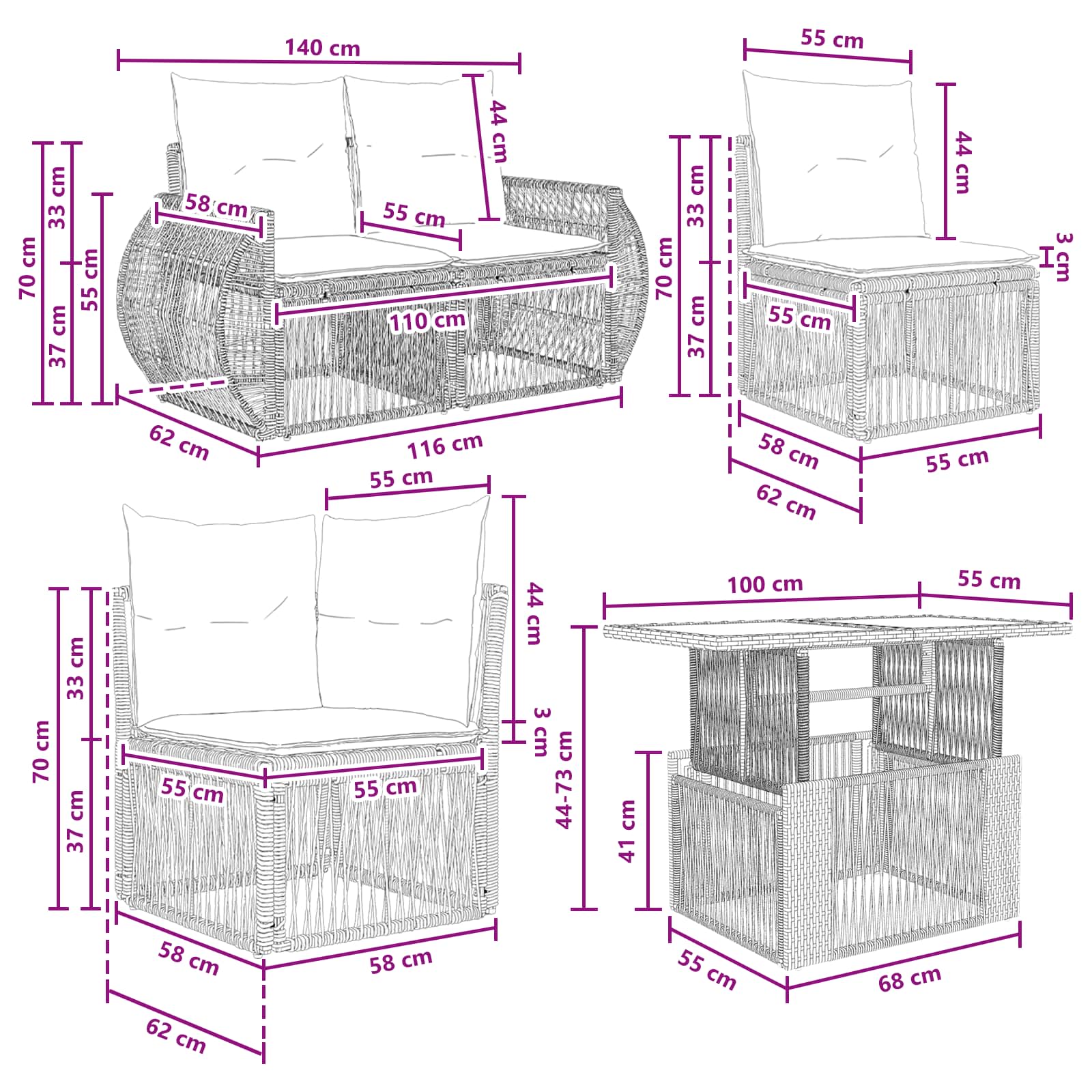 vidaXL Tuinbankenset 8 st Zwart en Cream Wit poly rattan