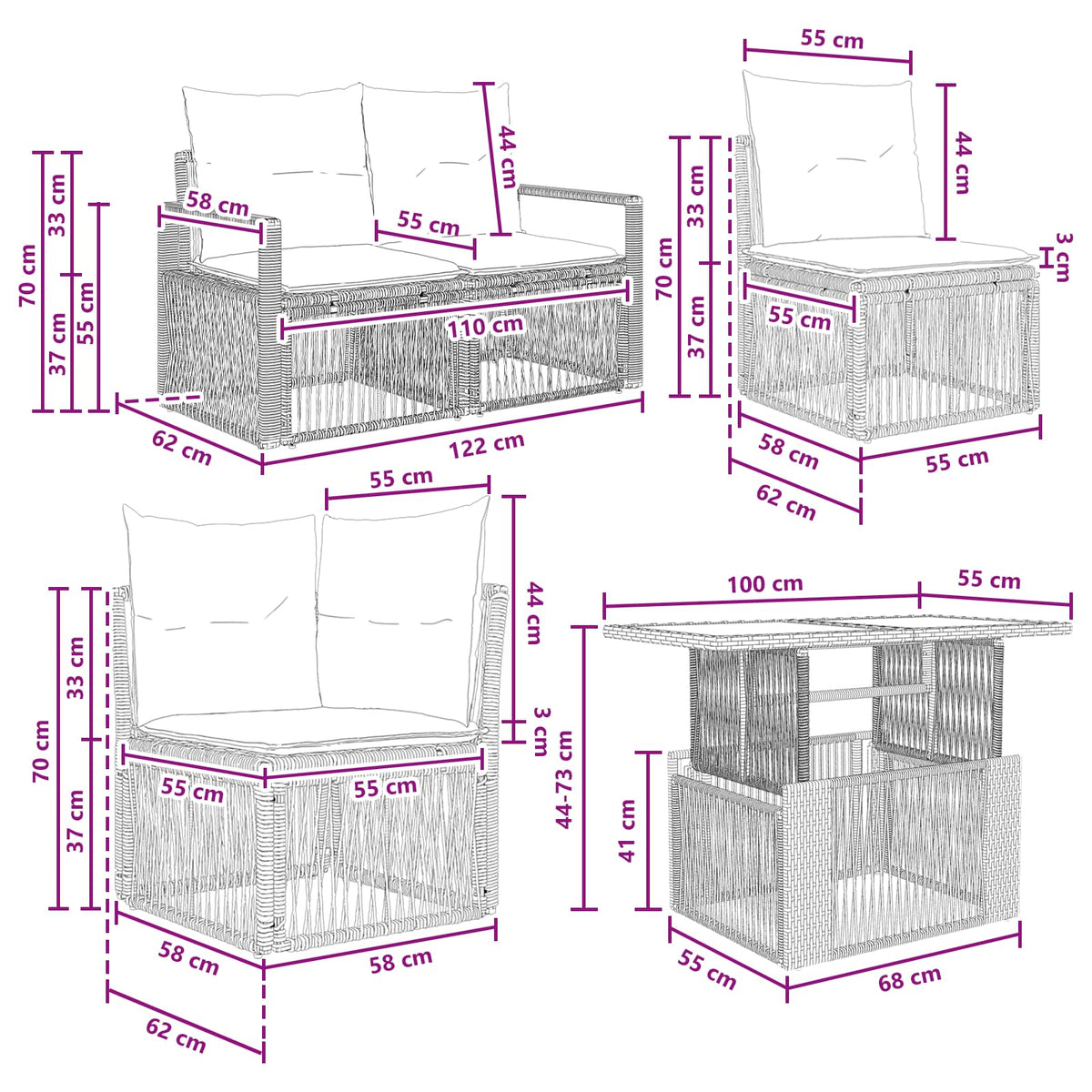 vidaXL Tuinbankenset 8 st Zwart en Cream Wit poly rattan