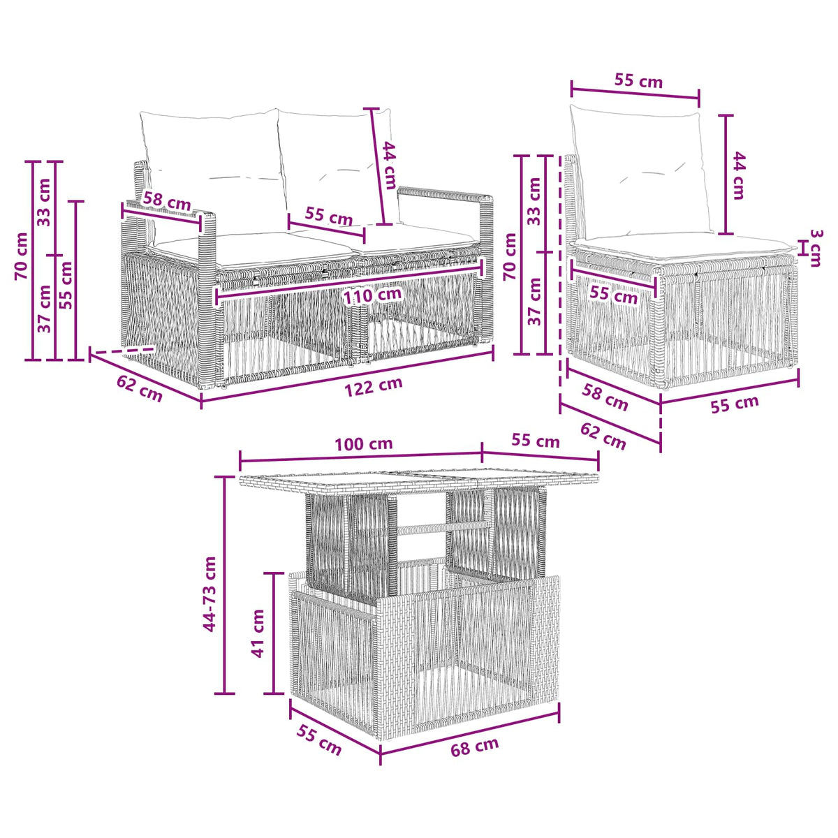 vidaXL Tuinbankenset 9 st Zwart en Cream Wit poly rattan