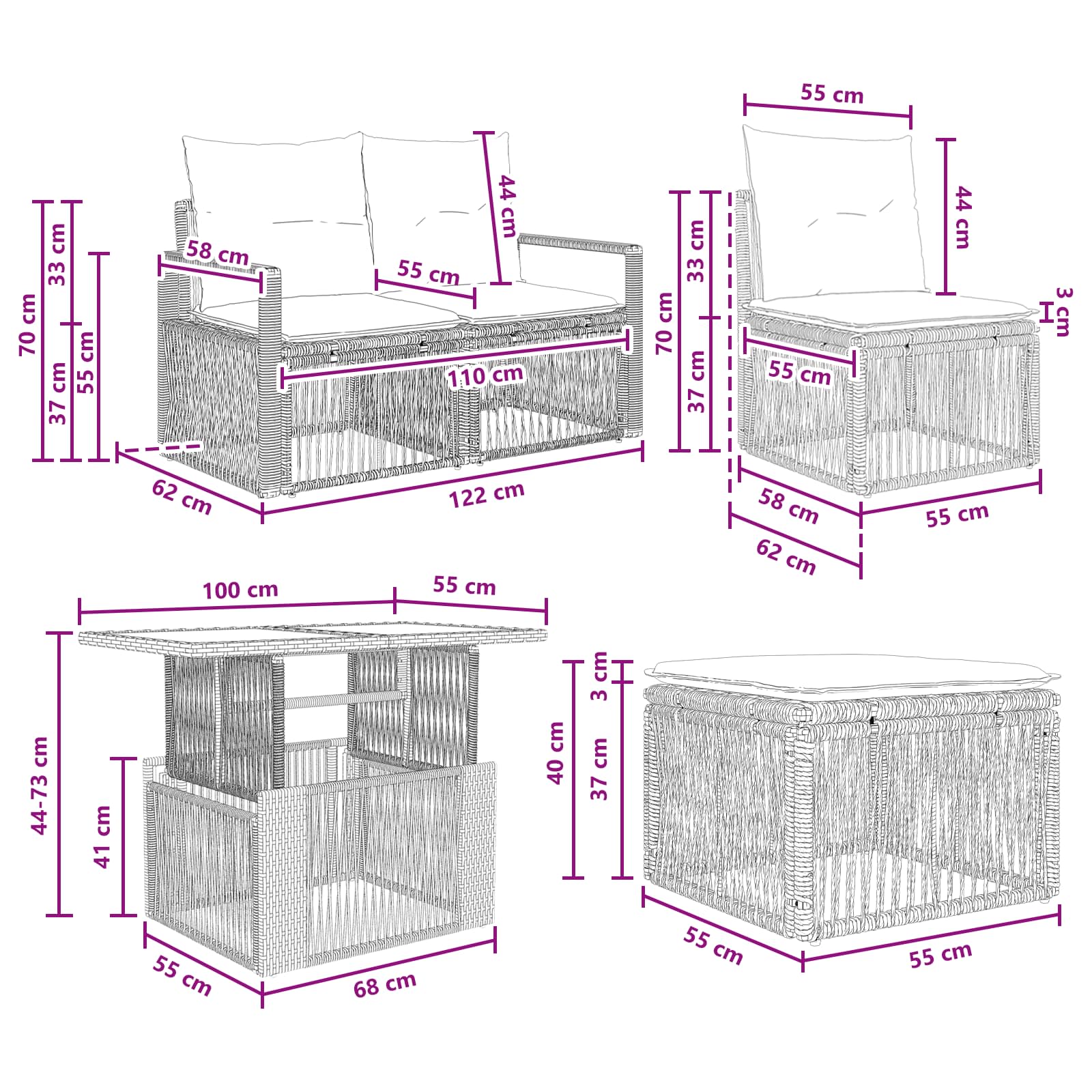 vidaXL Tuinbankenset 7 st Zwart en Cream Wit poly rattan