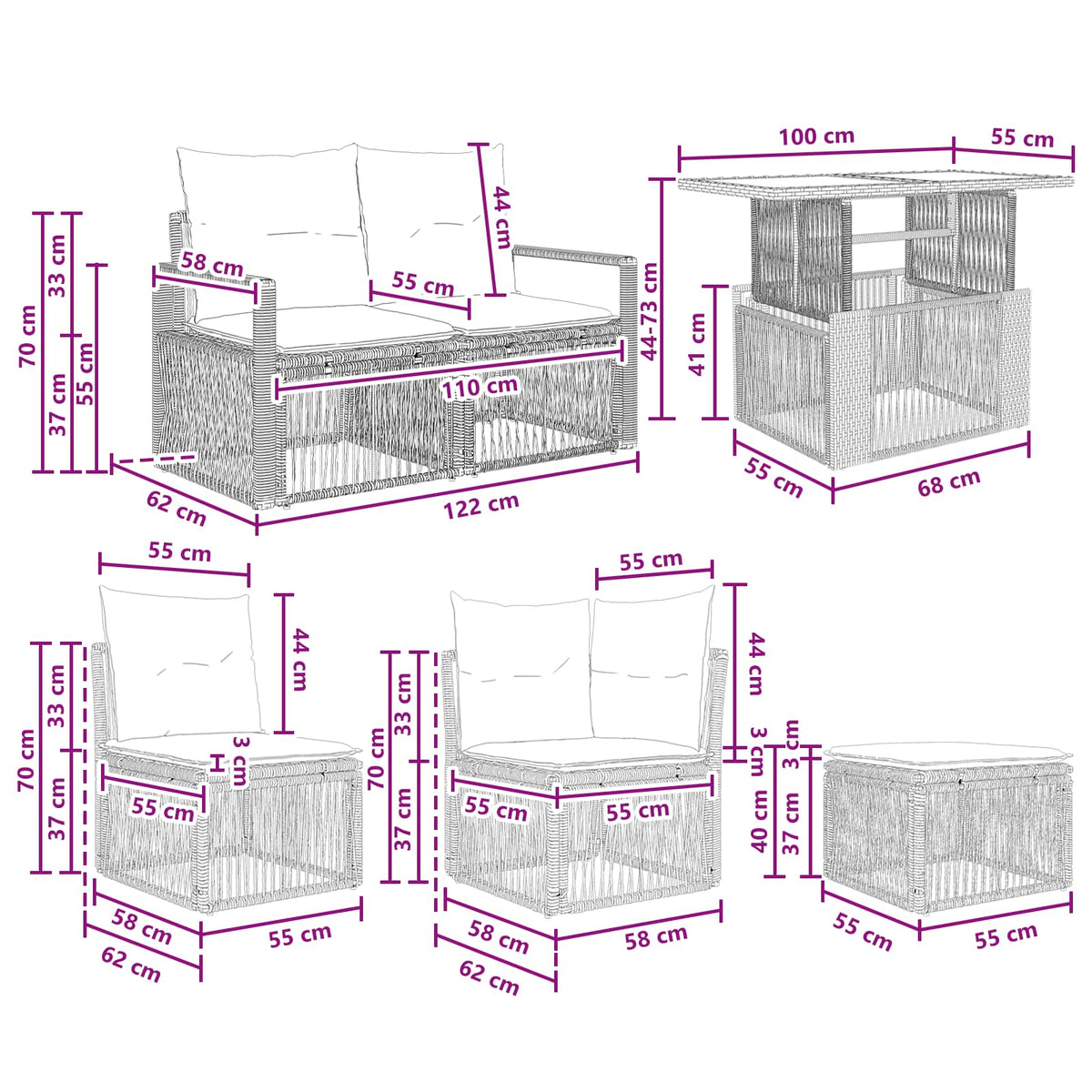 vidaXL Tuinbankenset 9 st Zwart en Cream Wit poly rattan
