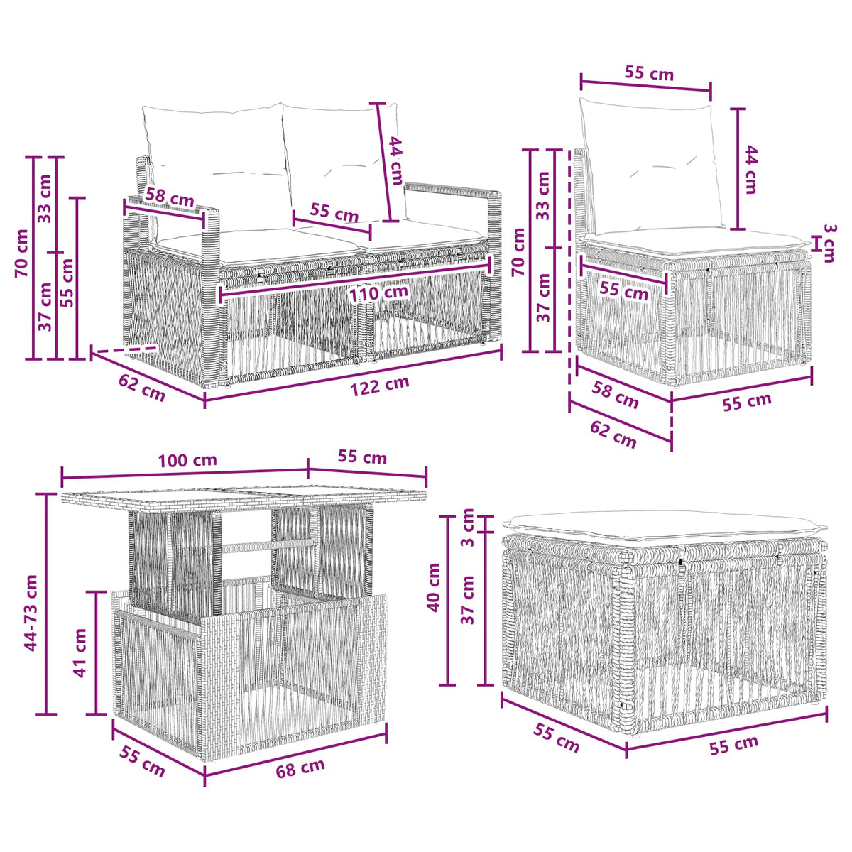 vidaXL Tuinbankenset 10 st Zwart en Cream Wit poly rattan