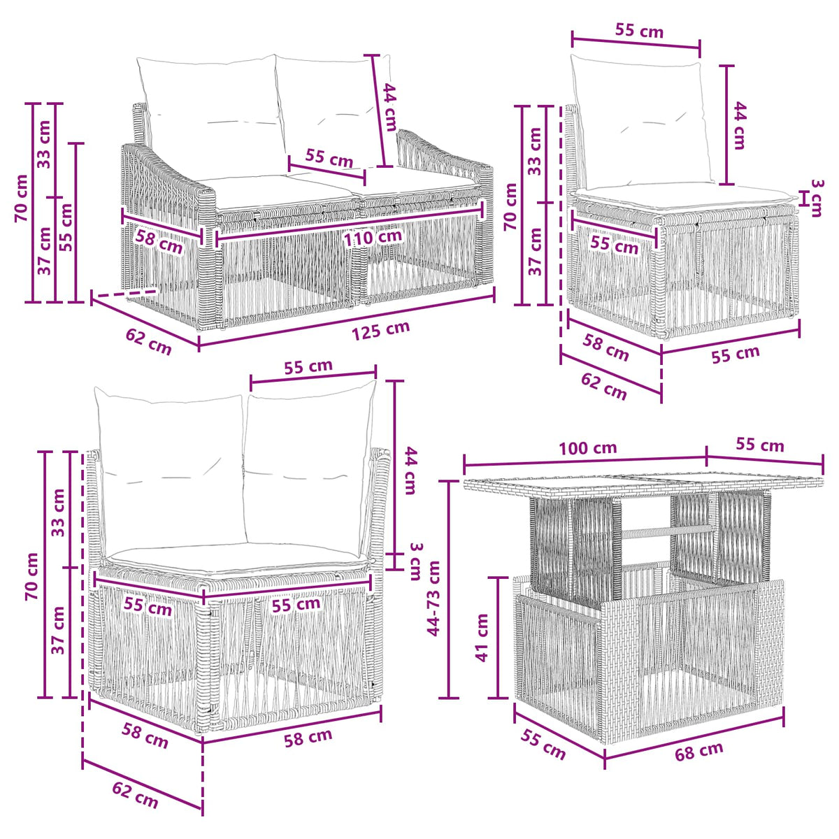 vidaXL Tuinbankenset 9 st Zwart en Cream Wit poly rattan