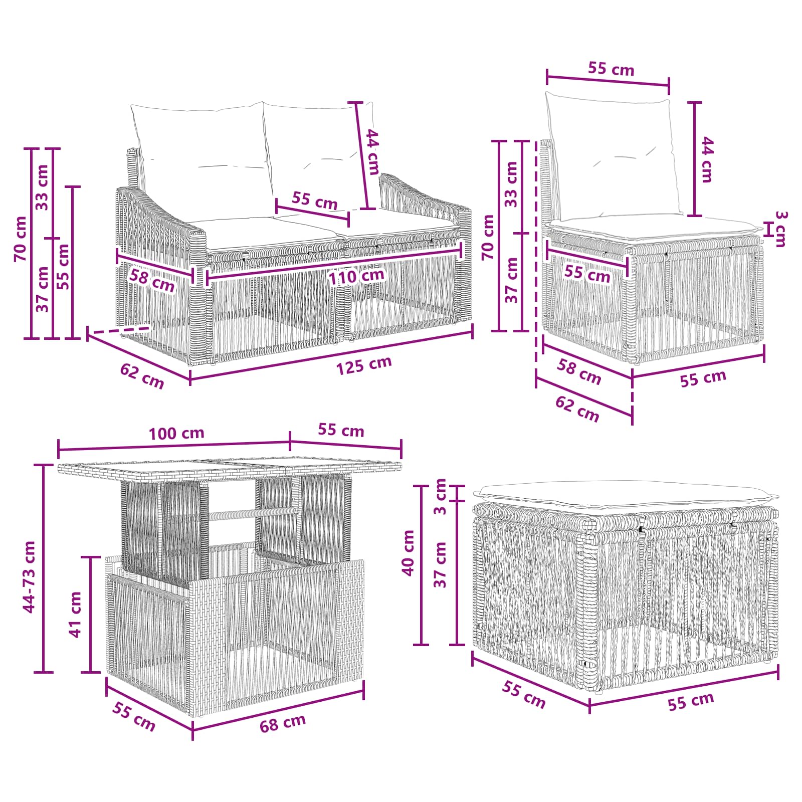 vidaXL Tuinbankenset 11 st Zwart en Cream Wit poly rattan