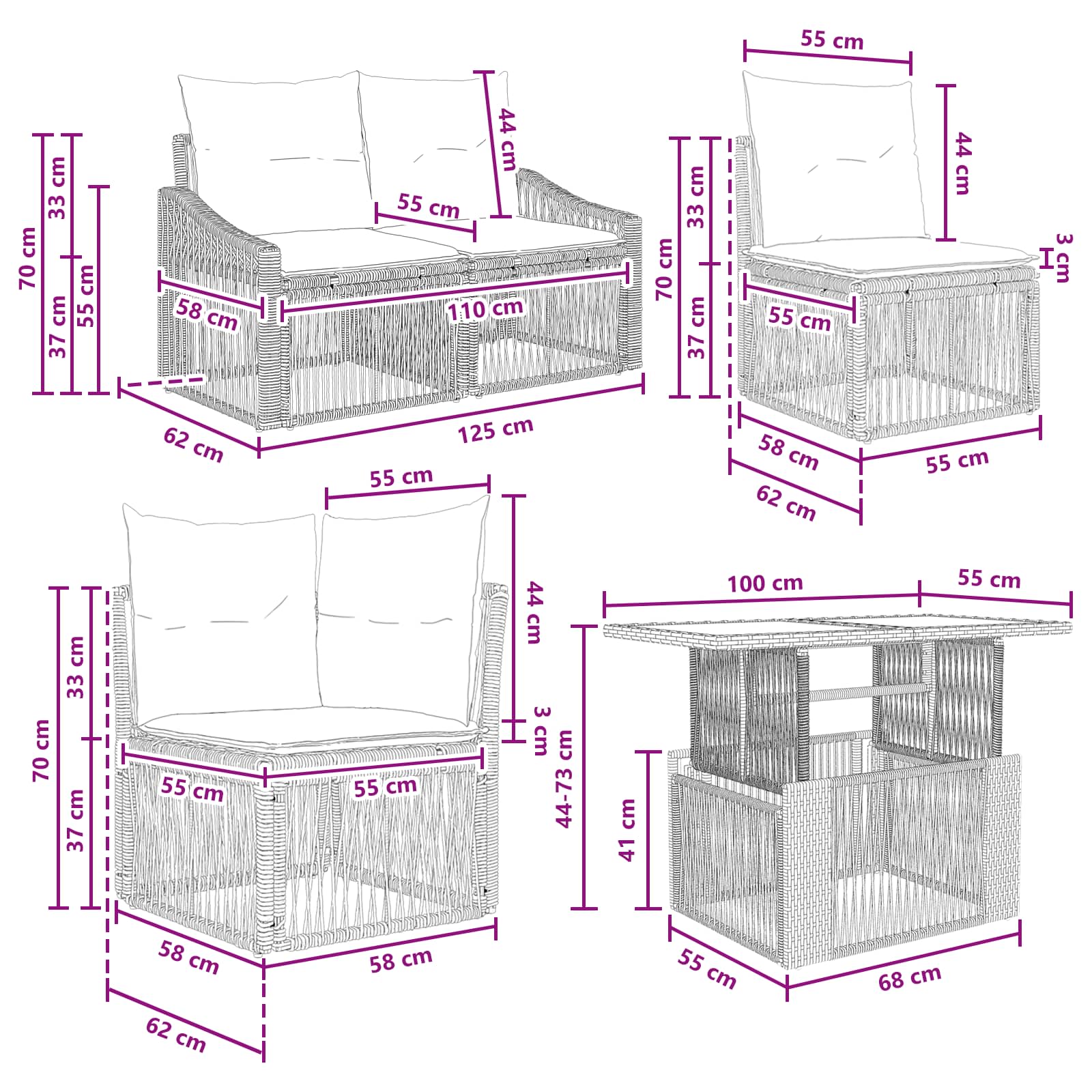 vidaXL Tuinbankenset 12 st Zwart en Cream Wit poly rattan