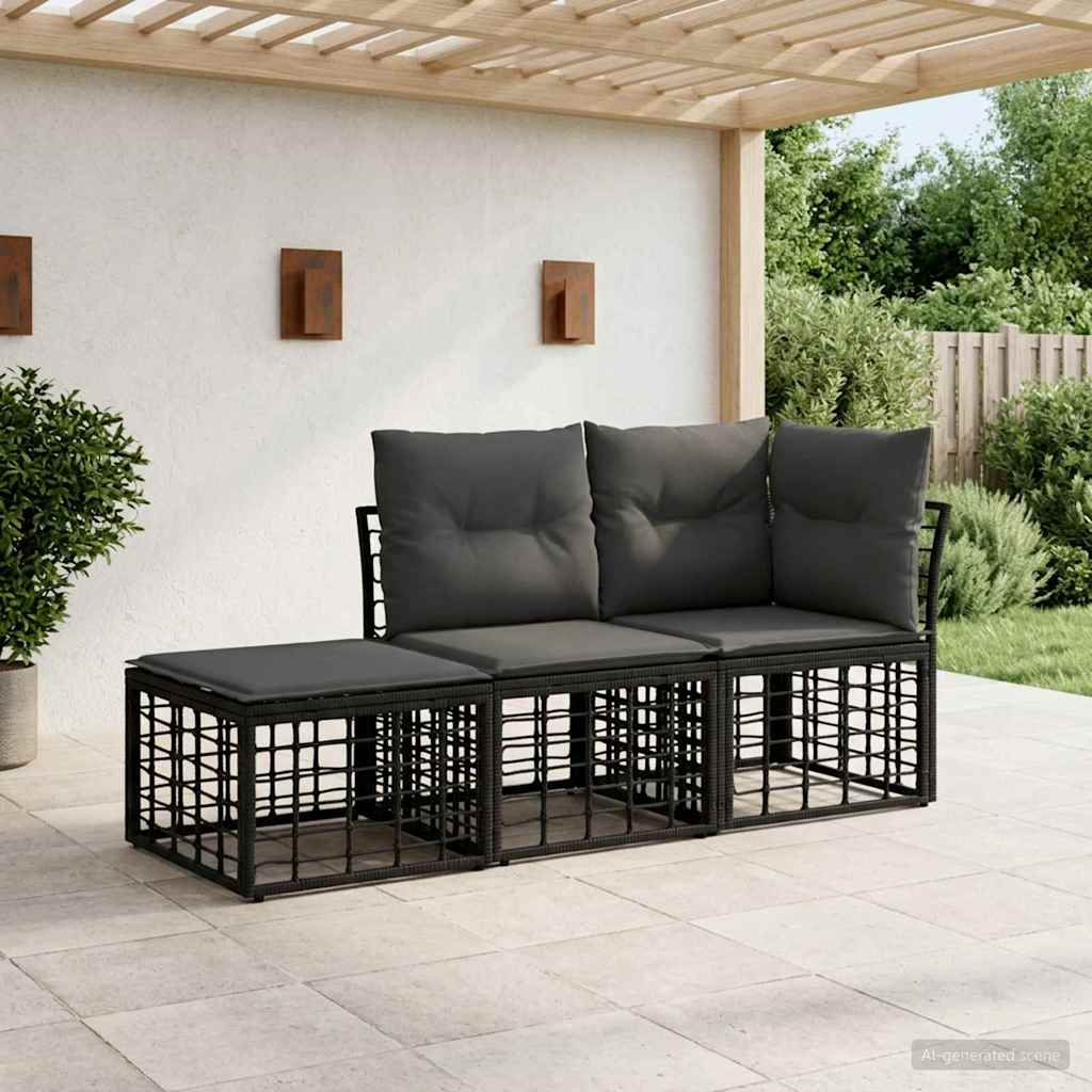 vidaXL Buiten bankenset met kussen 3 pcs Zwart Polyester
