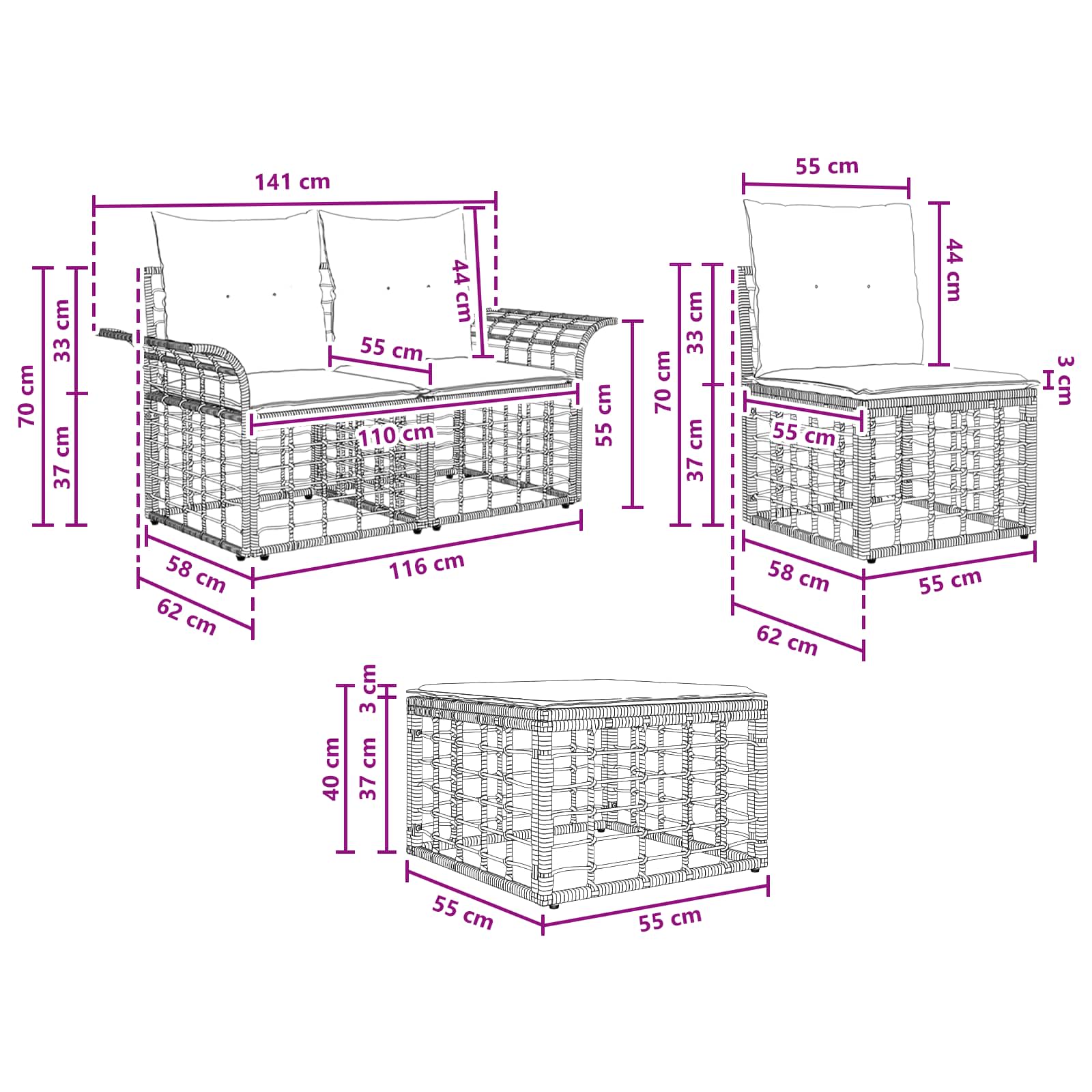 vidaXL Buiten bankenset 4 pcs Zwart en Donkergrijs Polyester