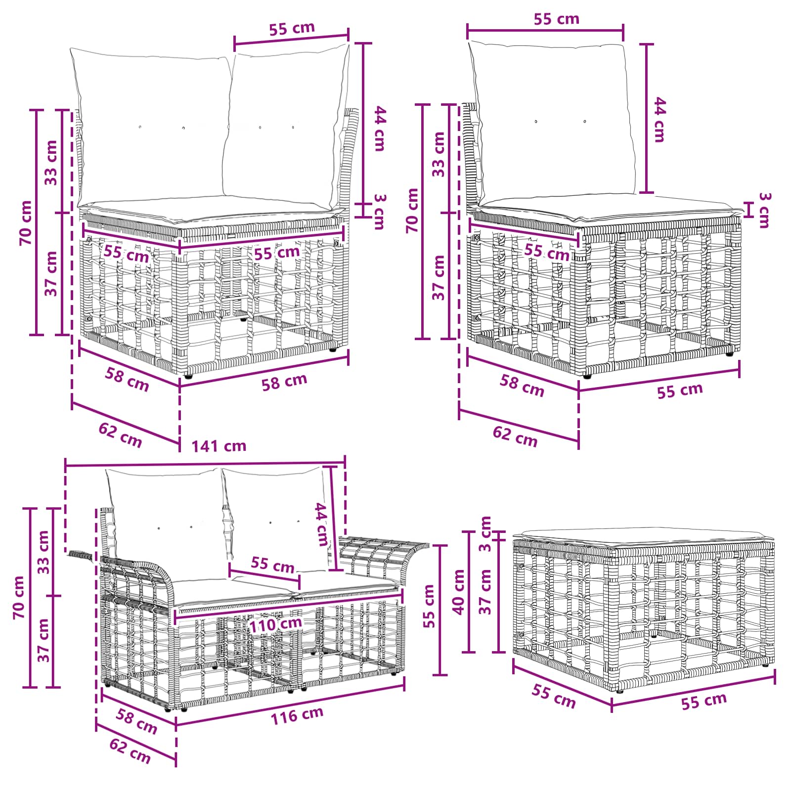 vidaXL Buiten bankenset 7 pcs Zwart en Donkergrijs Polyester