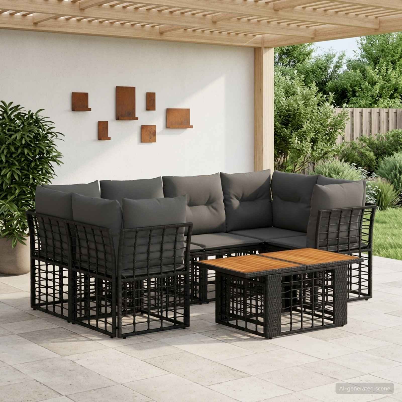 vidaXL Tuinbankenset 7 st Zwart en Donkergrijs poly rattan