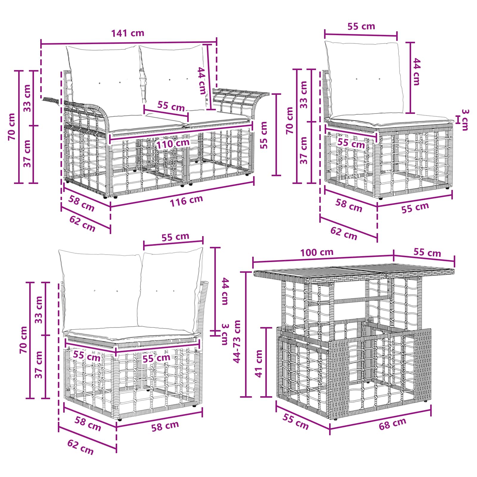 vidaXL Tuinbankenset 10 st Zwart en Donkergrijs poly rattan