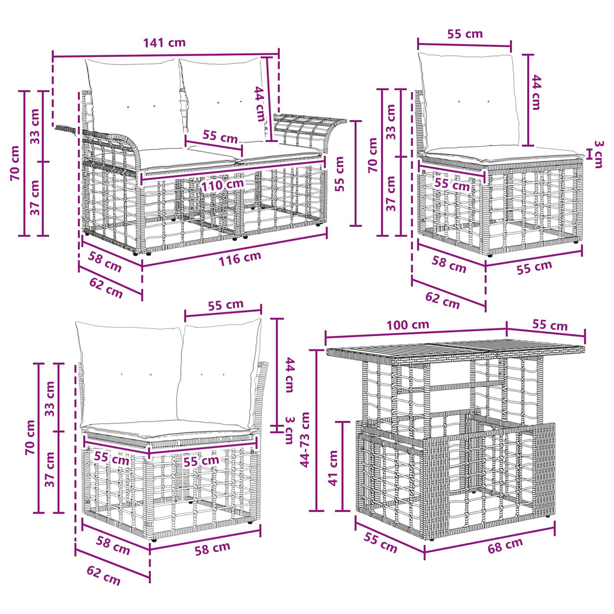 vidaXL Tuinbankenset 9 st Zwart en Donkergrijs poly rattan