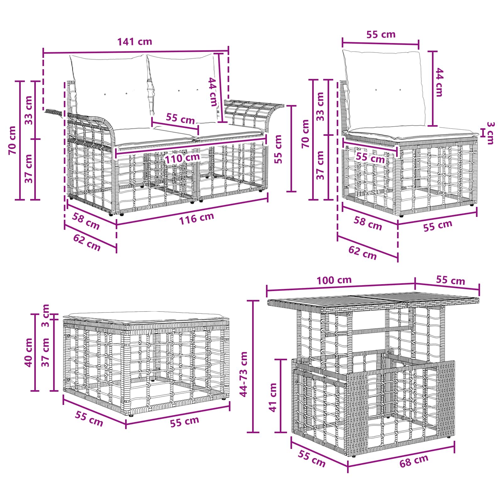 vidaXL Tuinbankenset 8 st Zwart en Donkergrijs poly rattan