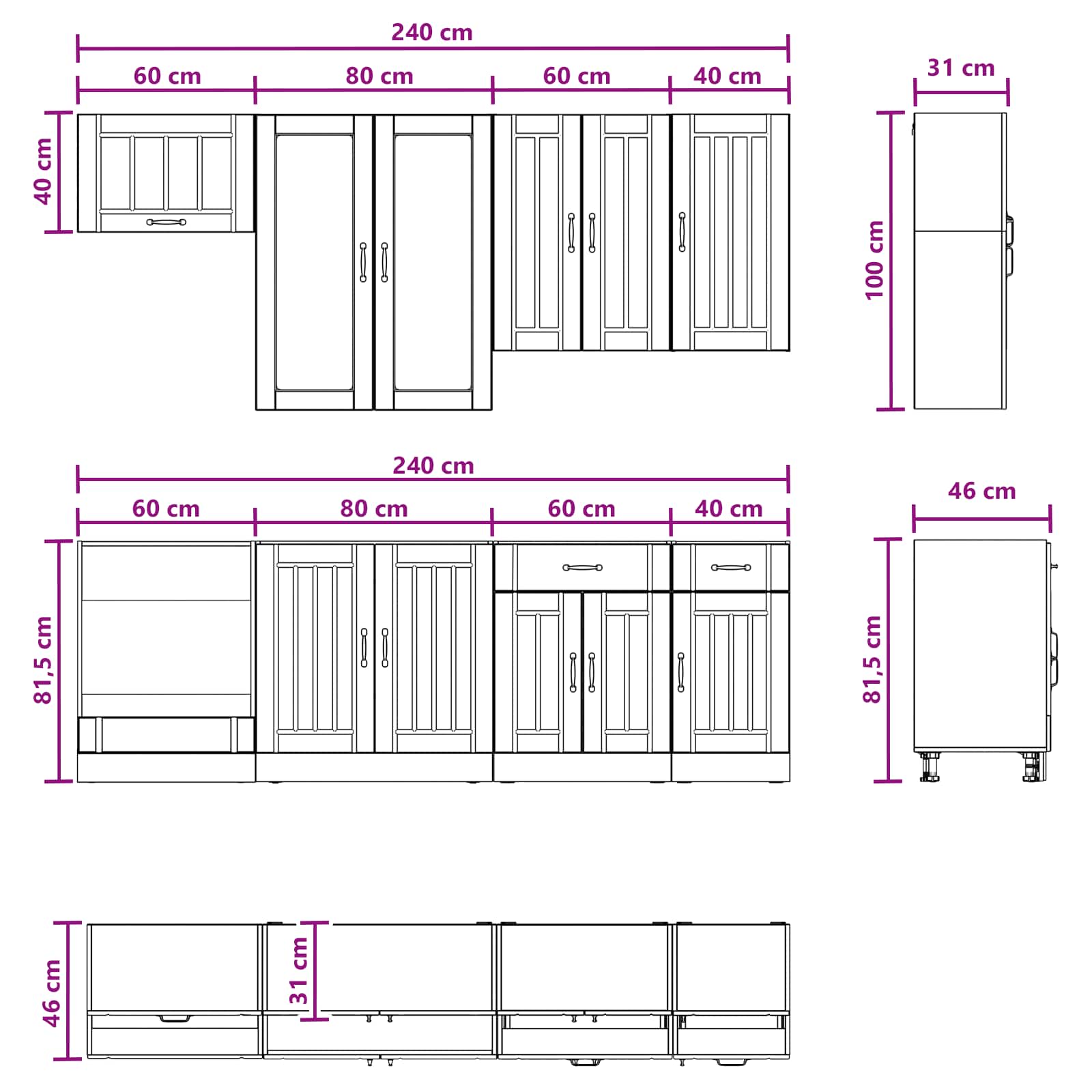 vidaXL Keukenblok LUCCA 8 pcs Wit Bewerkt hout