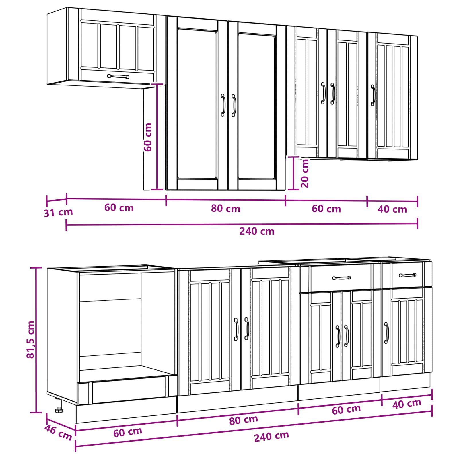 vidaXL Keukenblok LUCCA 8 pcs Wit Bewerkt hout
