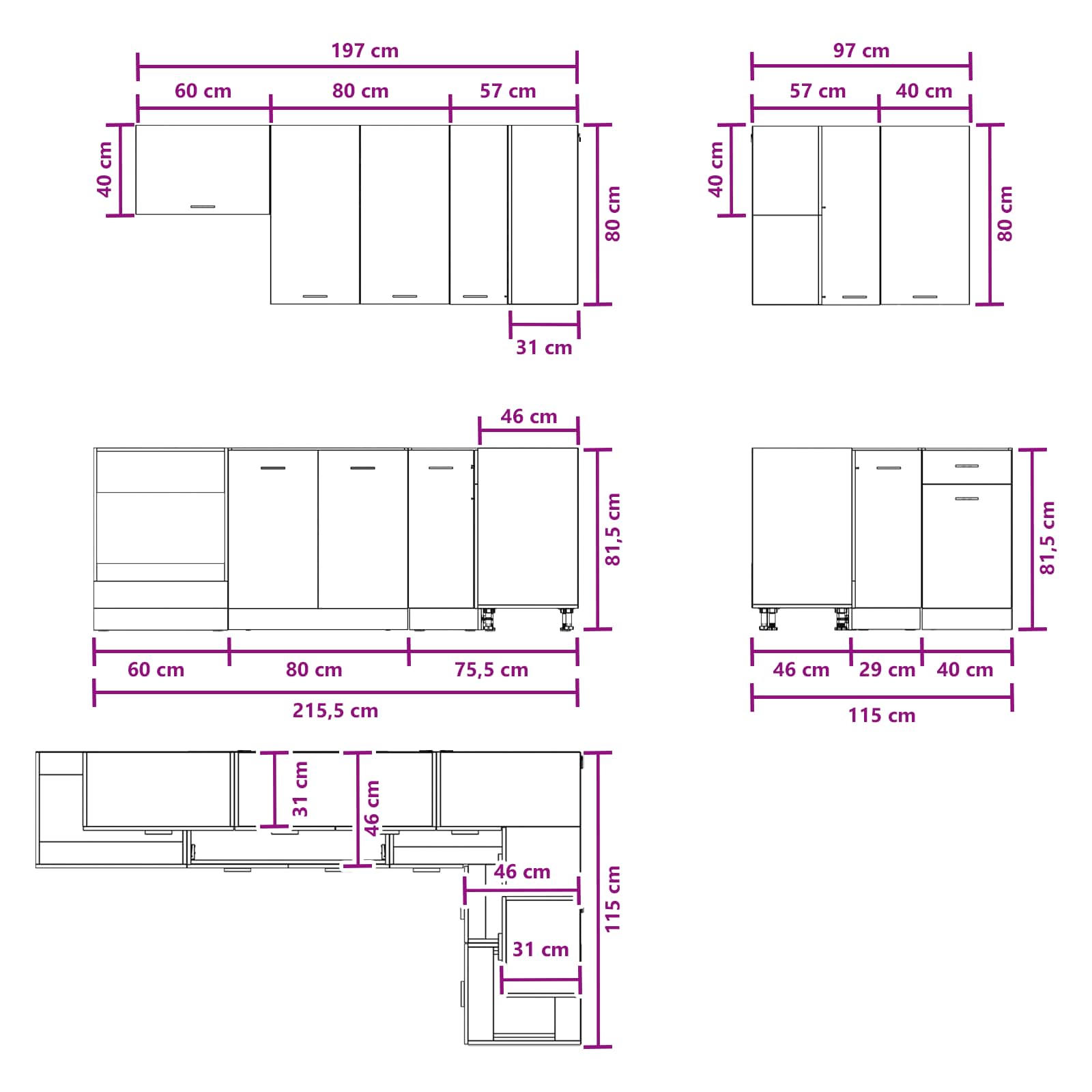 vidaXL Keukenblok LYON 8 pcs Wit Bewerkt hout