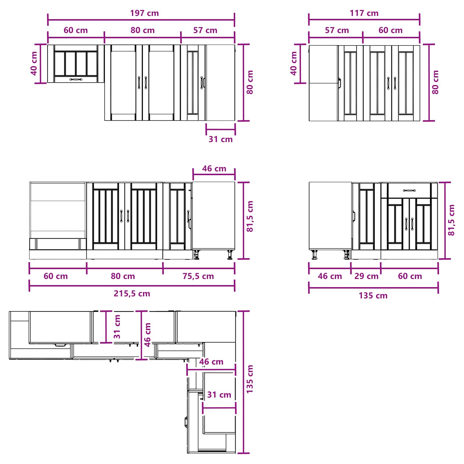 vidaXL Keukenblok LUCCA 8 pcs Wit Bewerkt hout
