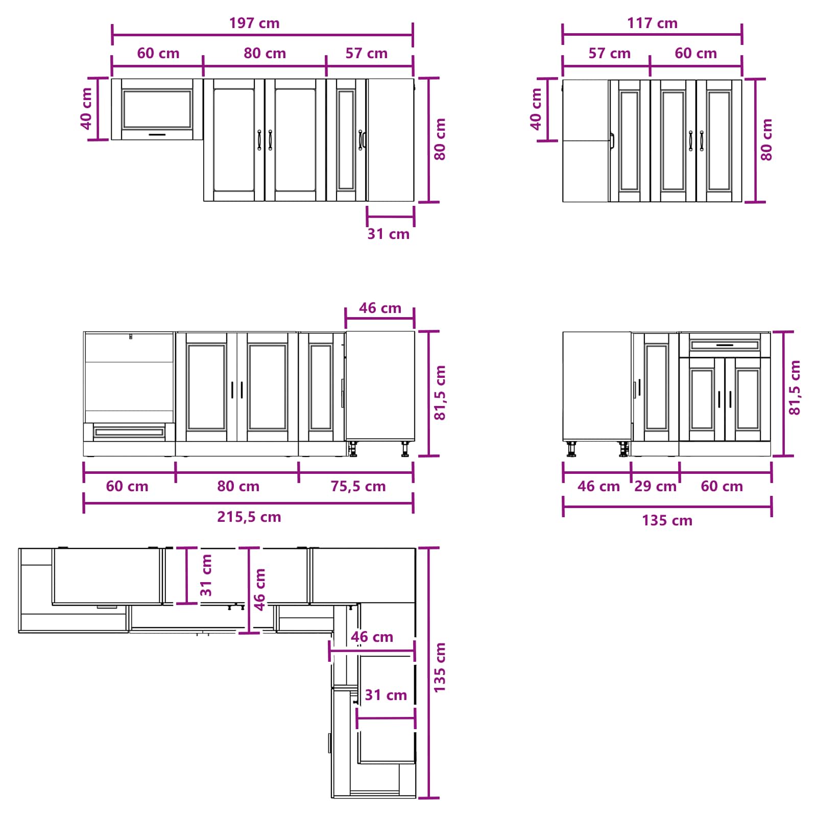 vidaXL Keukenblok PORTO 8 pcs Wit Bewerkt hout