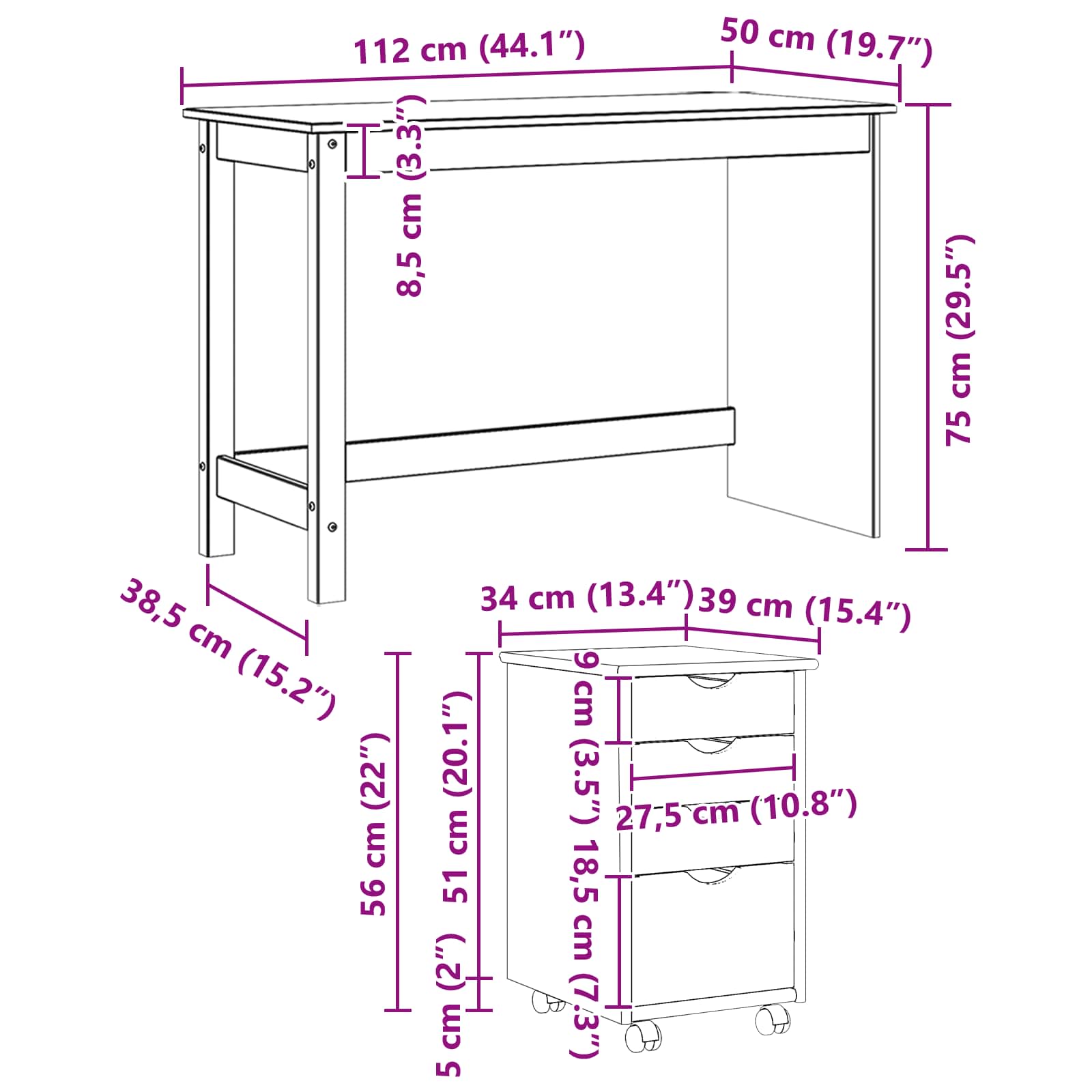 vidaXL Bureau Kas Set 2 st HoningBruin Massief grenenhout