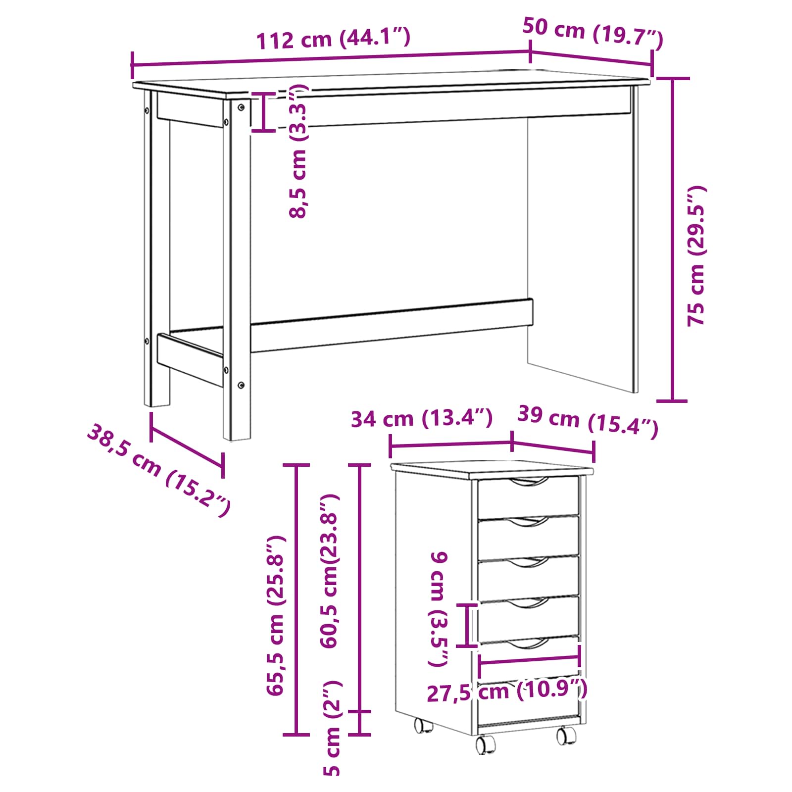 vidaXL Bureau en rollende kast set met lade MOSS 2 pcs HoningBruin