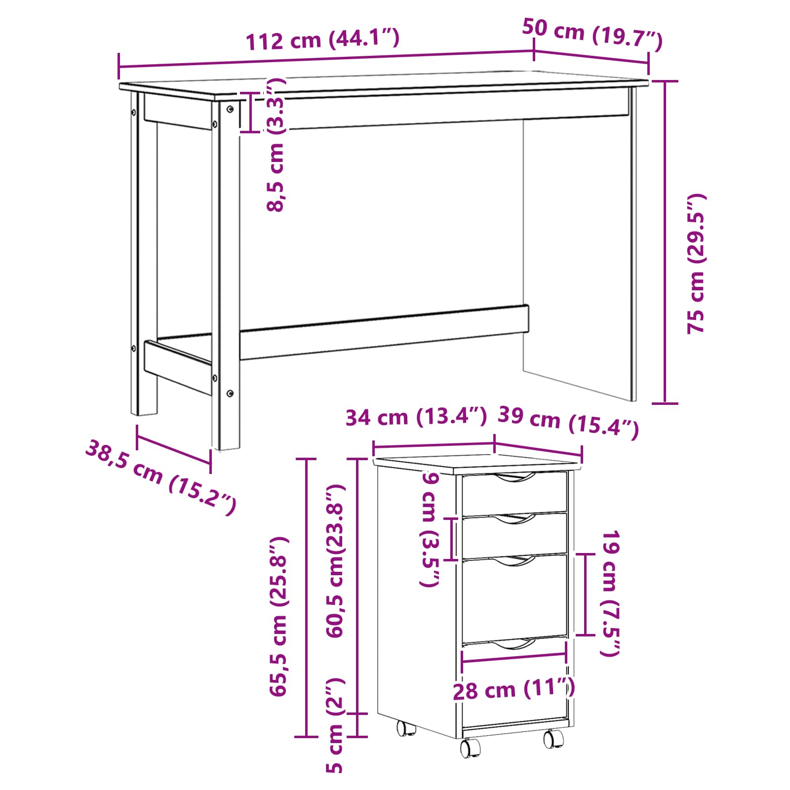 vidaXL Bureau en rollende kast set MOSS 2 pcs HoningBruin